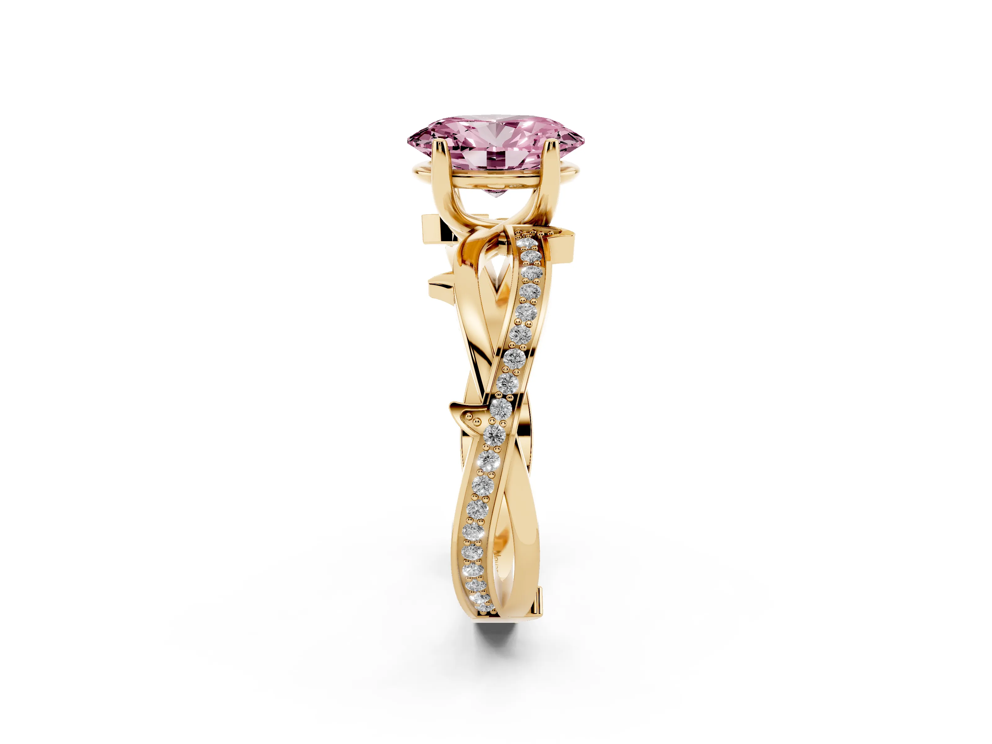 Fancy Pink Oval Cut Diamond Pavé Twist Band Solitaire Ring Set in Yellow gold with Prong Setting