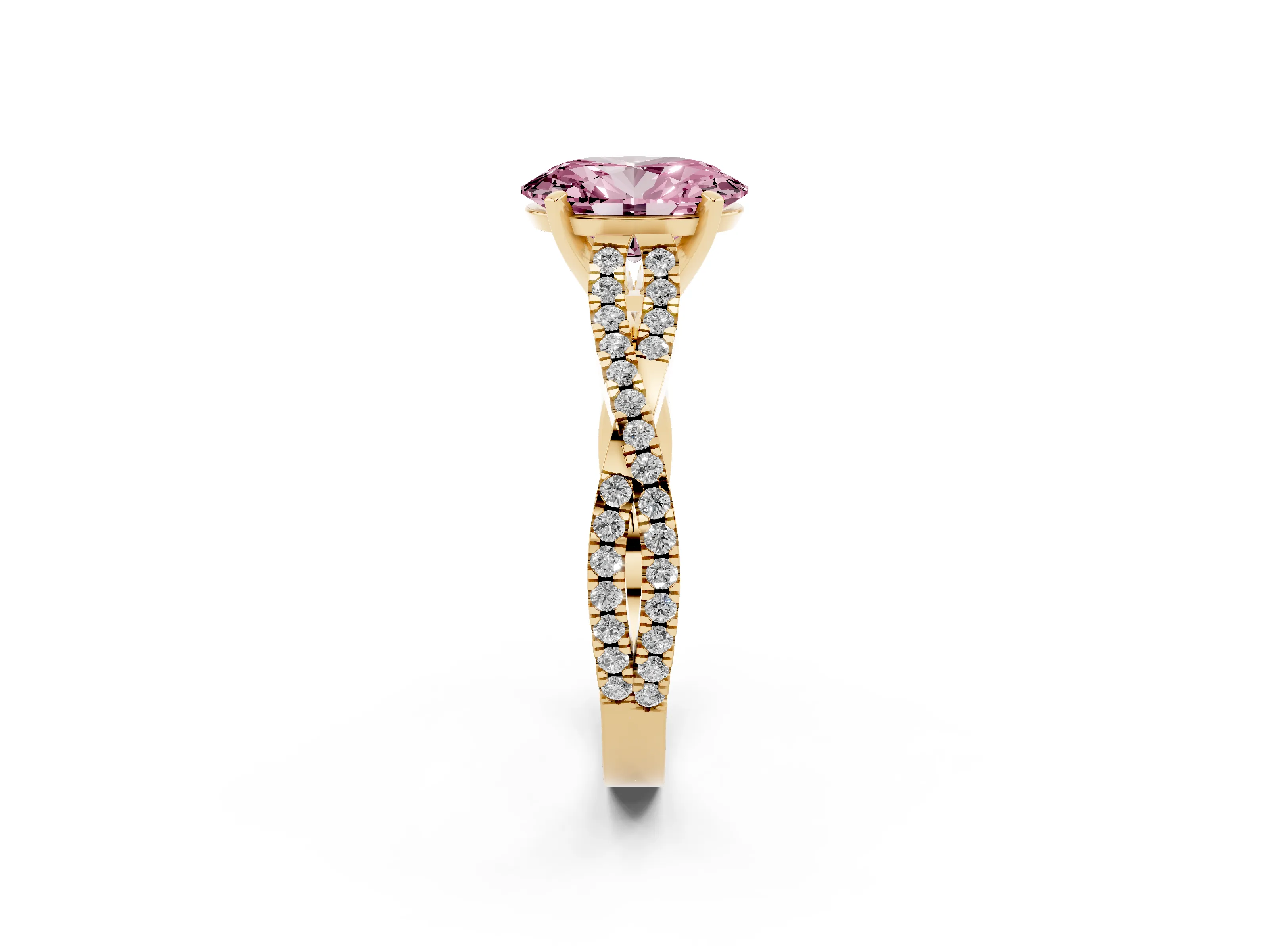 Fancy Pink Oval Cut Diamond Solitaire Engagement Ring Set in Yellow gold with Twisted Pavé Band and Prong Setting