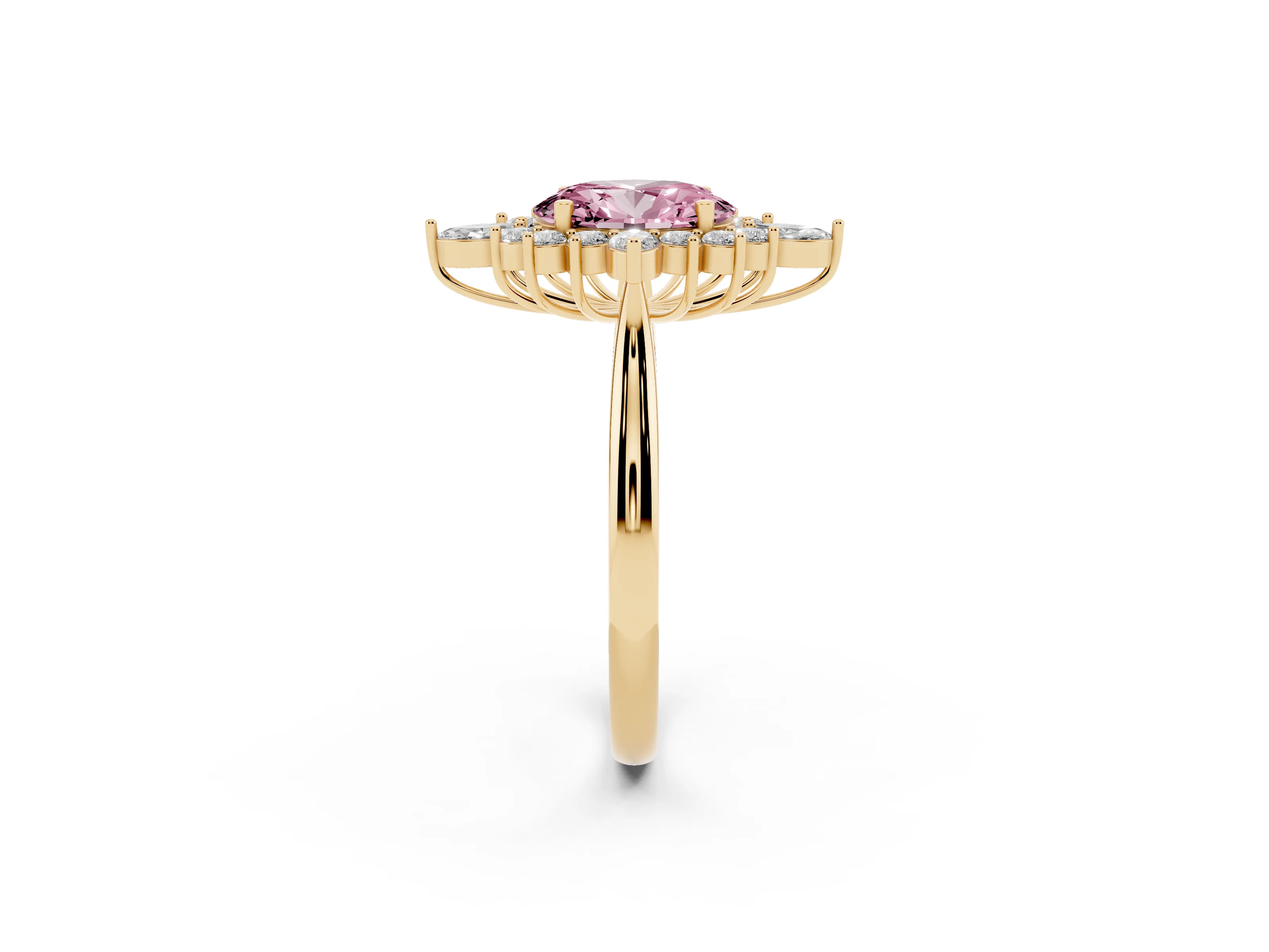 Fancy Pink Oval Cut Diamond Cluster Halo Ring Set in Yellow gold with Marquise and Round Accents