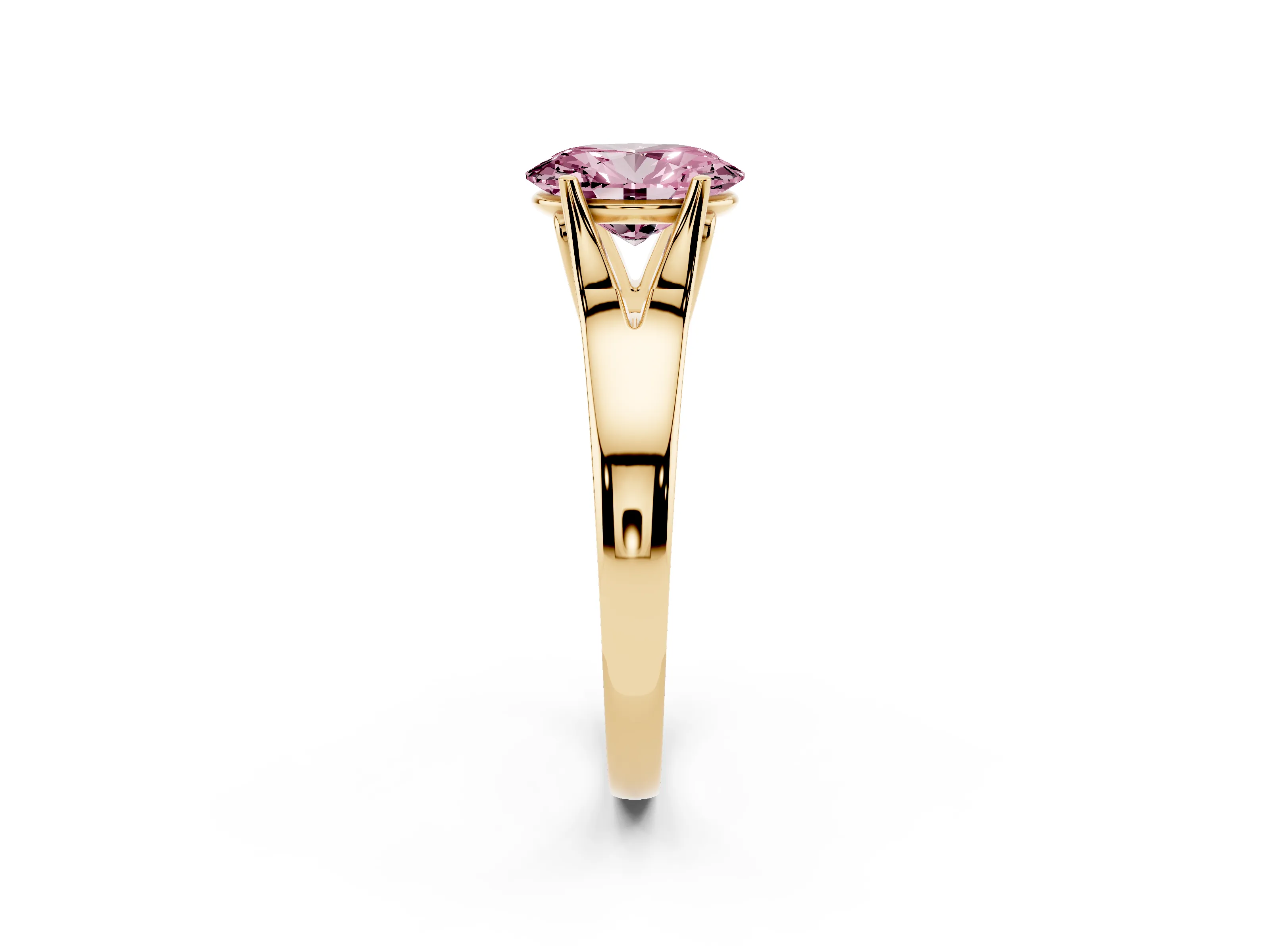 Fancy Pink Oval Cut Diamond Solitaire Ring Set in Yellow gold with Arched Cathedral Band and Prong Setting