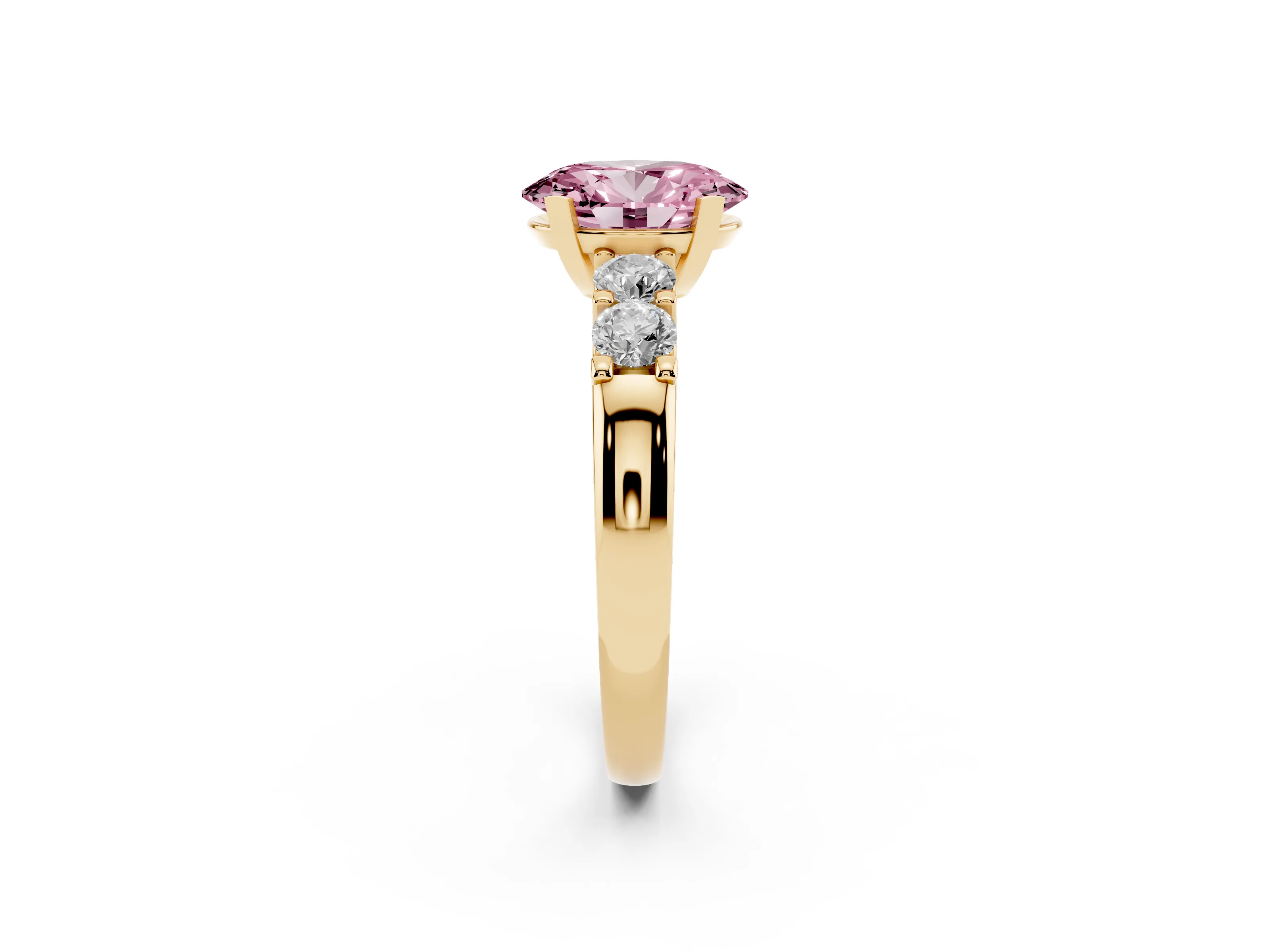 Fancy Pink Oval Cut Diamond Five-Stone Prong Set Engagement Ring Set in Yellow gold with Channel Band
