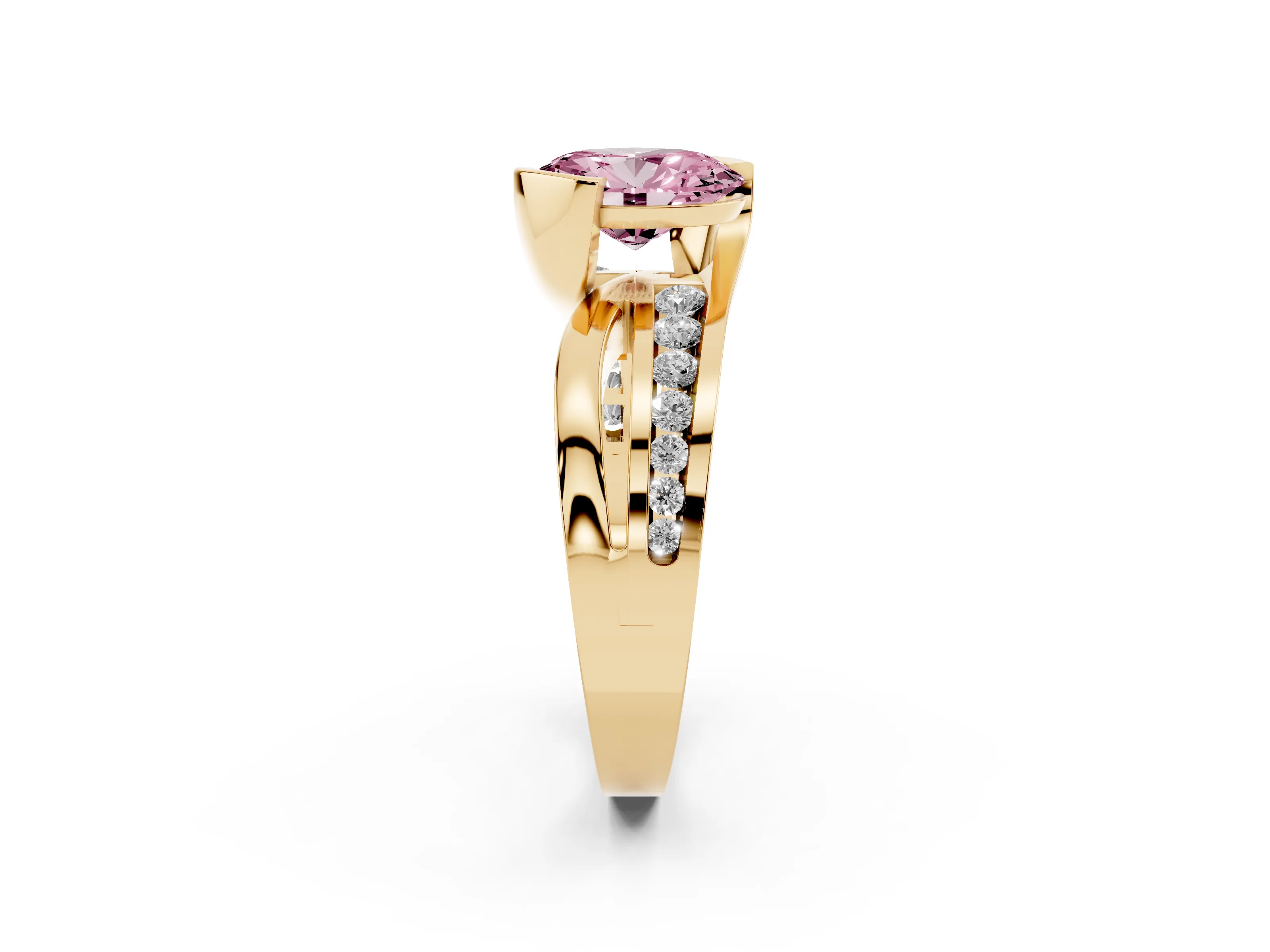 Fancy Pink Oval Cut Diamond Solitaire Ring Set in Yellow gold with Channel Set Split Shank and Tension Prongs