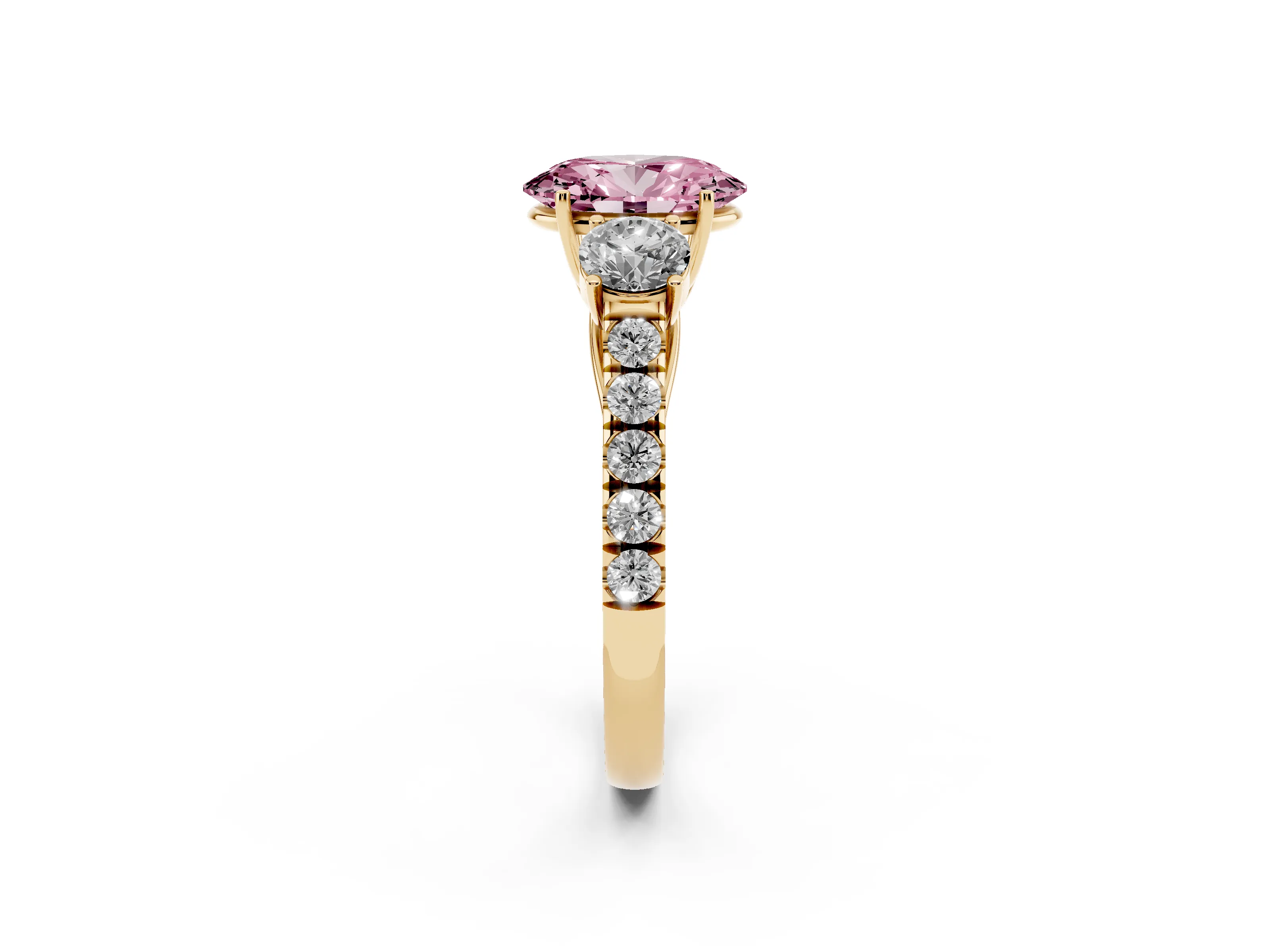Fancy Pink Oval Cut Diamond Three-Stone Ring Set in Yellow gold with Round Side Stones and Delicate Pavé Band