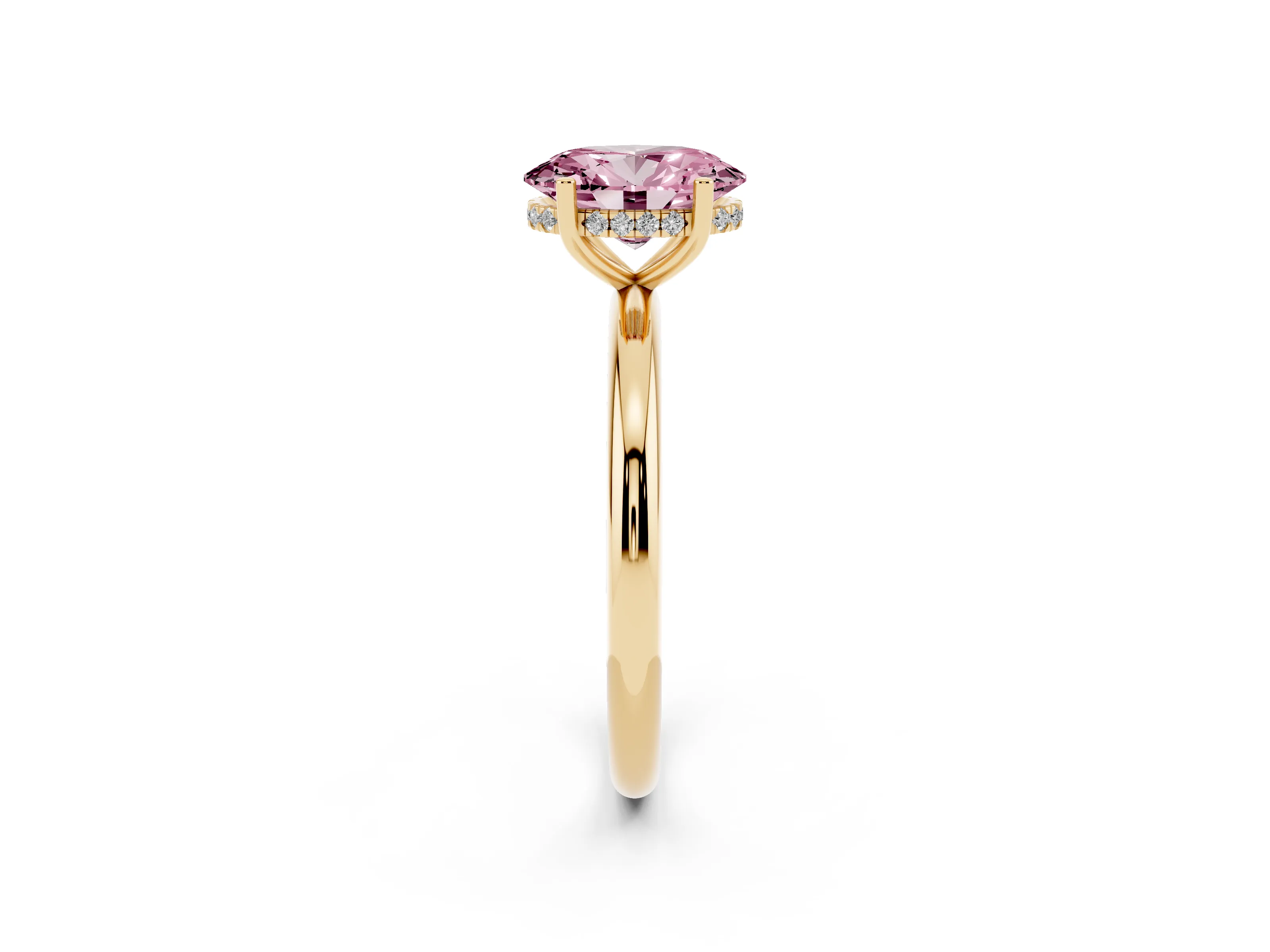 Fancy Pink Oval Cut Diamond Solitaire Engagement Ring Set in Yellow gold with Prong Setting and Polished Band