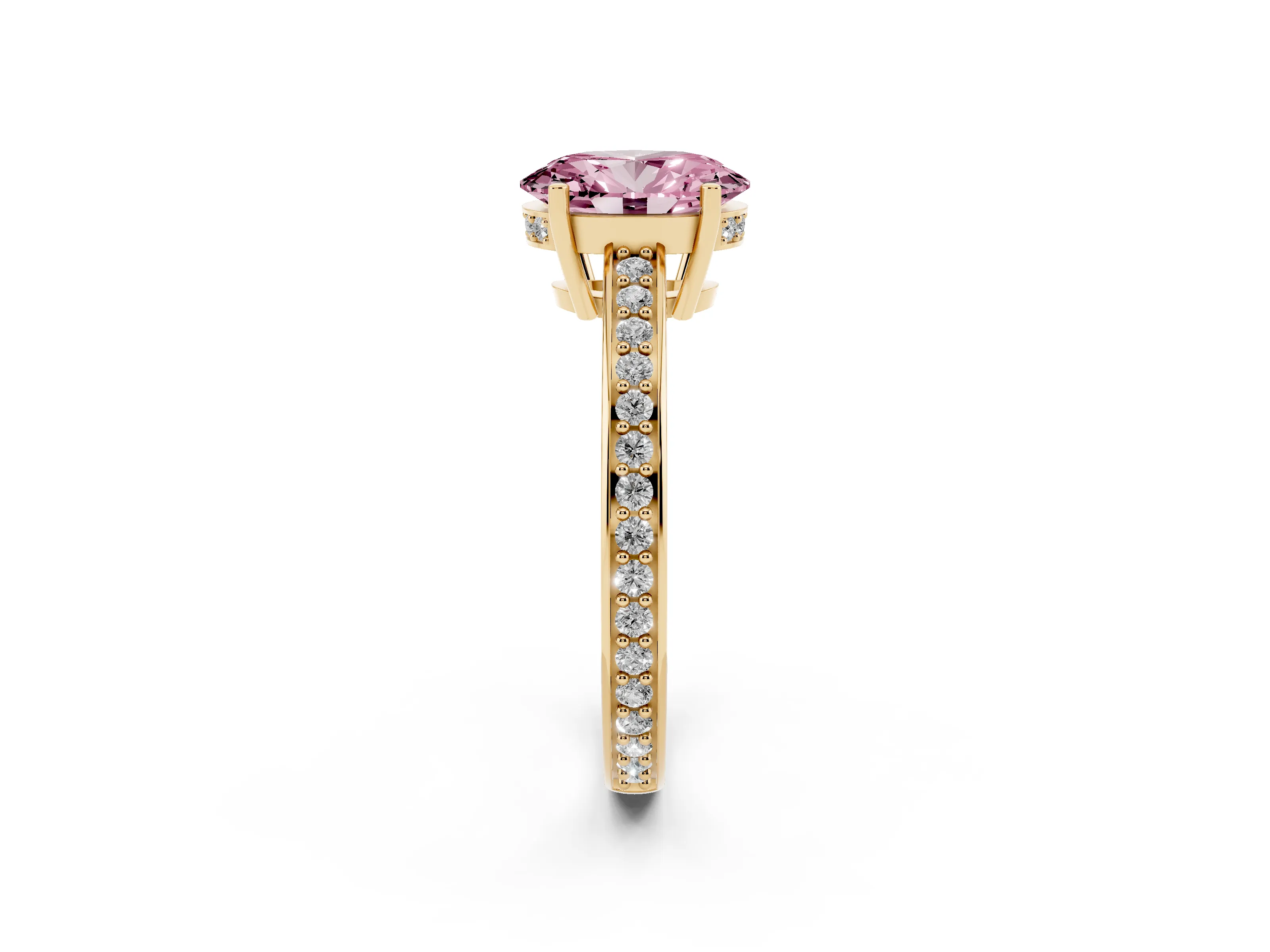 Fancy Pink Oval Cut Diamond Pavé Band Prong Set Solitaire Ring Set in Yellow gold