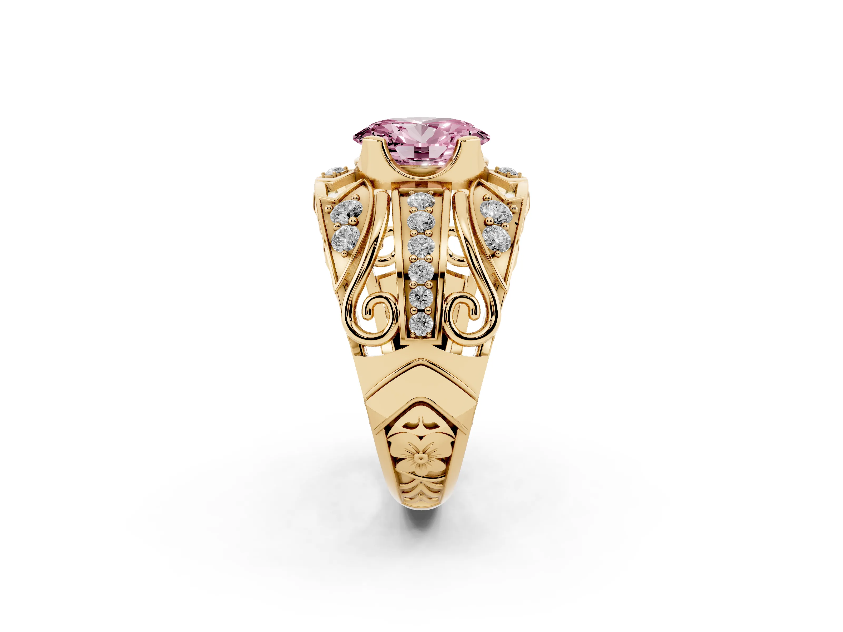 Fancy Pink Oval Cut Diamond Art Deco Ring Set in Yellow gold with Pavé Split Shank
