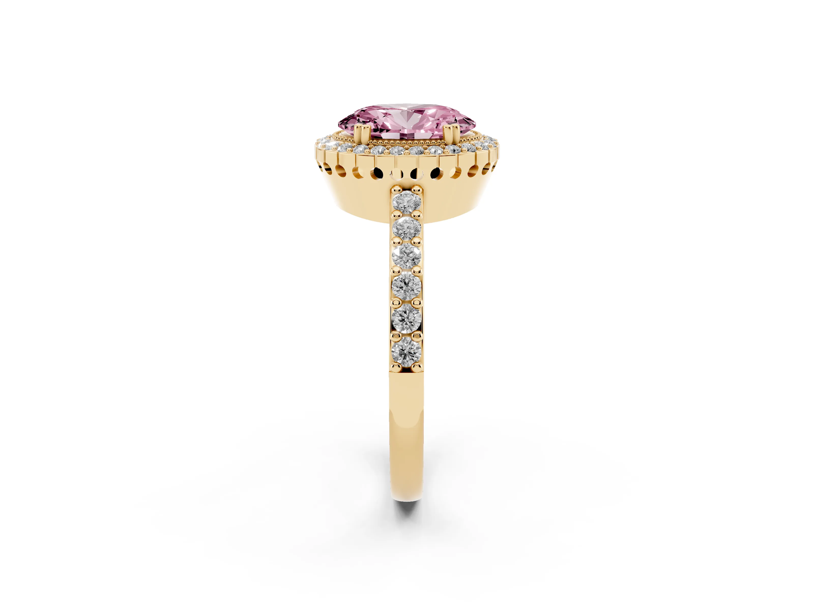 Fancy Pink Oval Cut Diamond Halo Engagement Ring Set in Yellow gold with Milgrain Detail and Pavé Band
