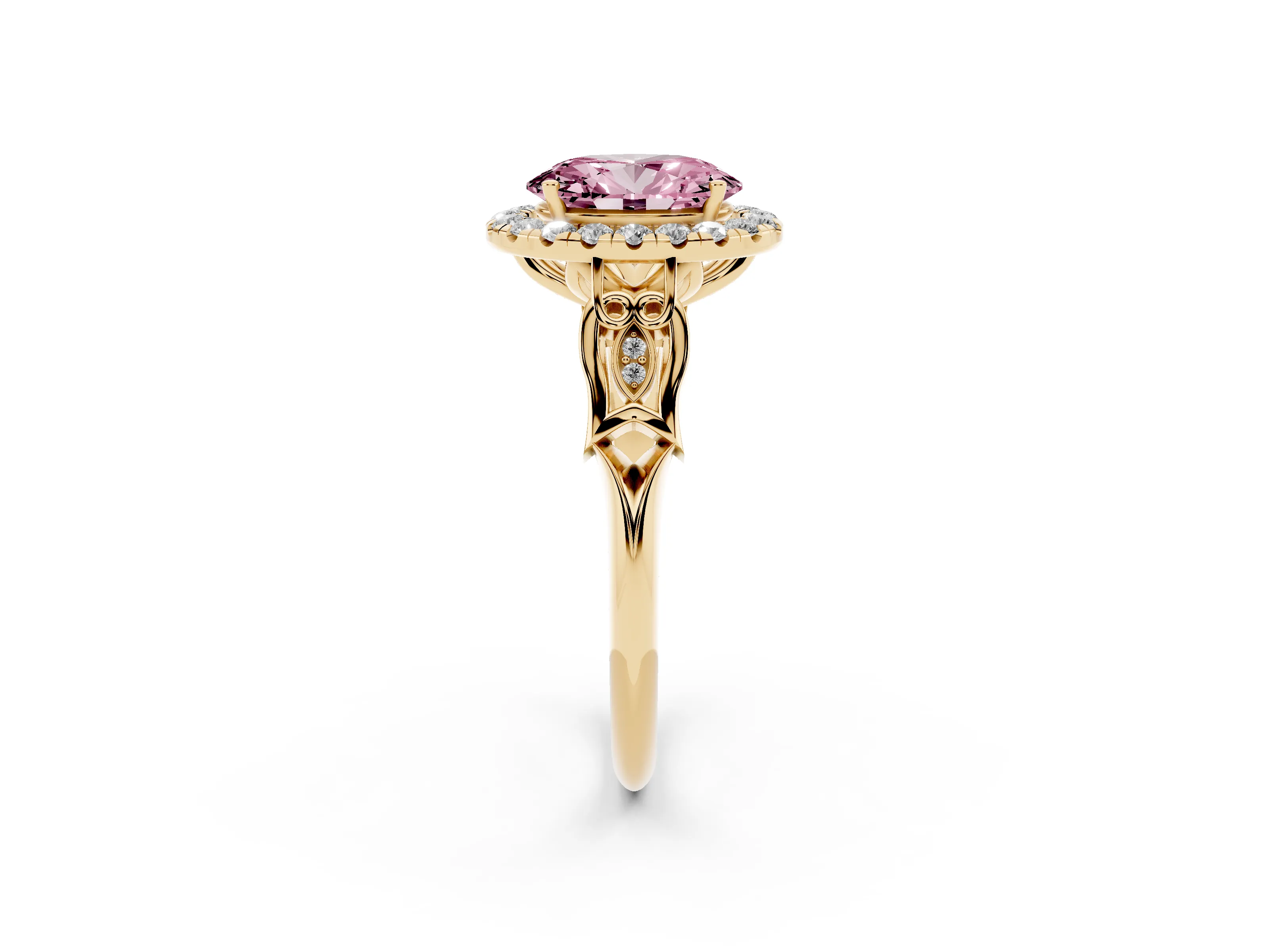 Fancy Pink Oval Cut Diamond Halo Engagement Ring Set in Yellow gold with Filigree Band and Prong-Set Center