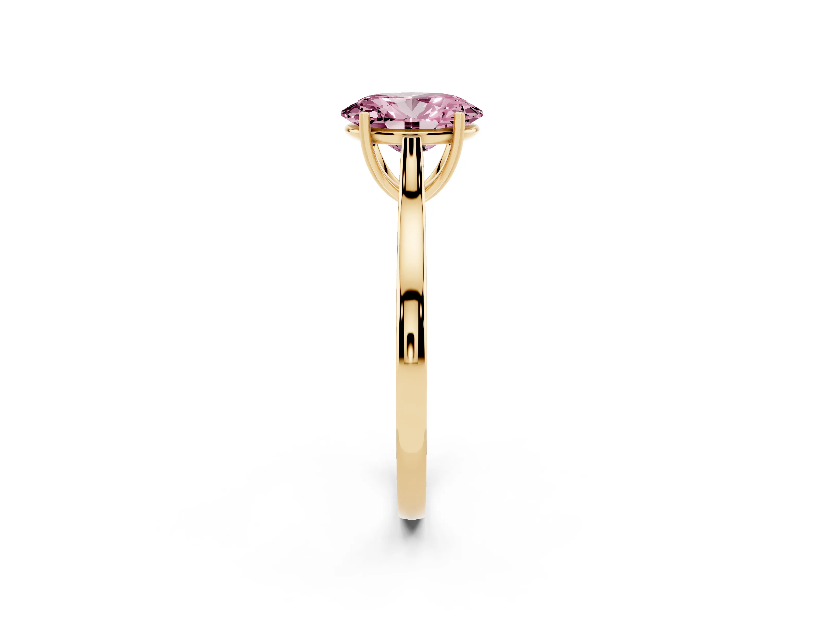 Fancy Pink Oval Cut Diamond Solitaire Heart Prong Engagement Ring Set in Yellow gold with Tapered Band