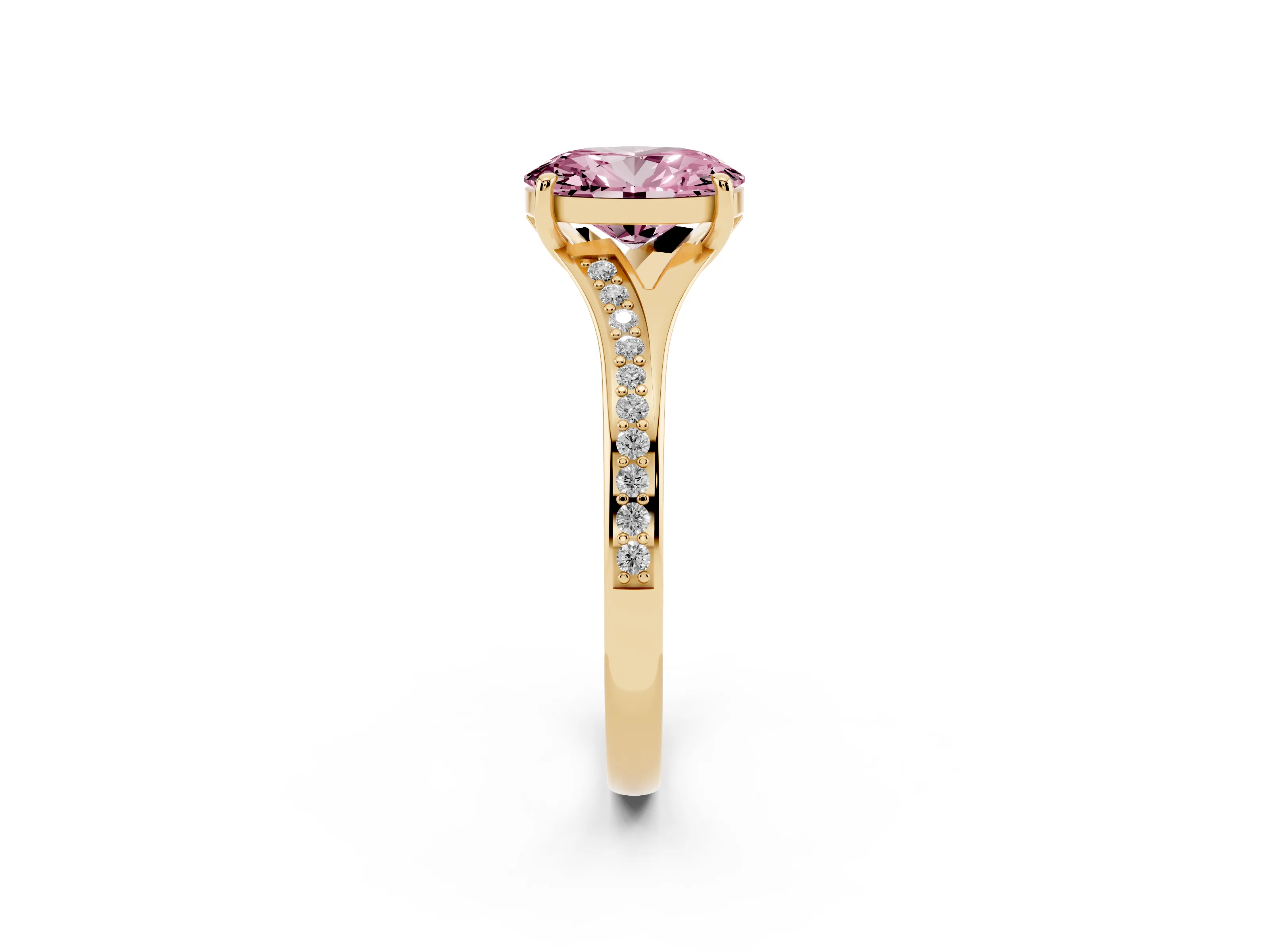 Fancy Pink Oval Cut Diamond Solitaire Ring Set in Yellow gold with Pavé Accent Band and Classic Prong Setting
