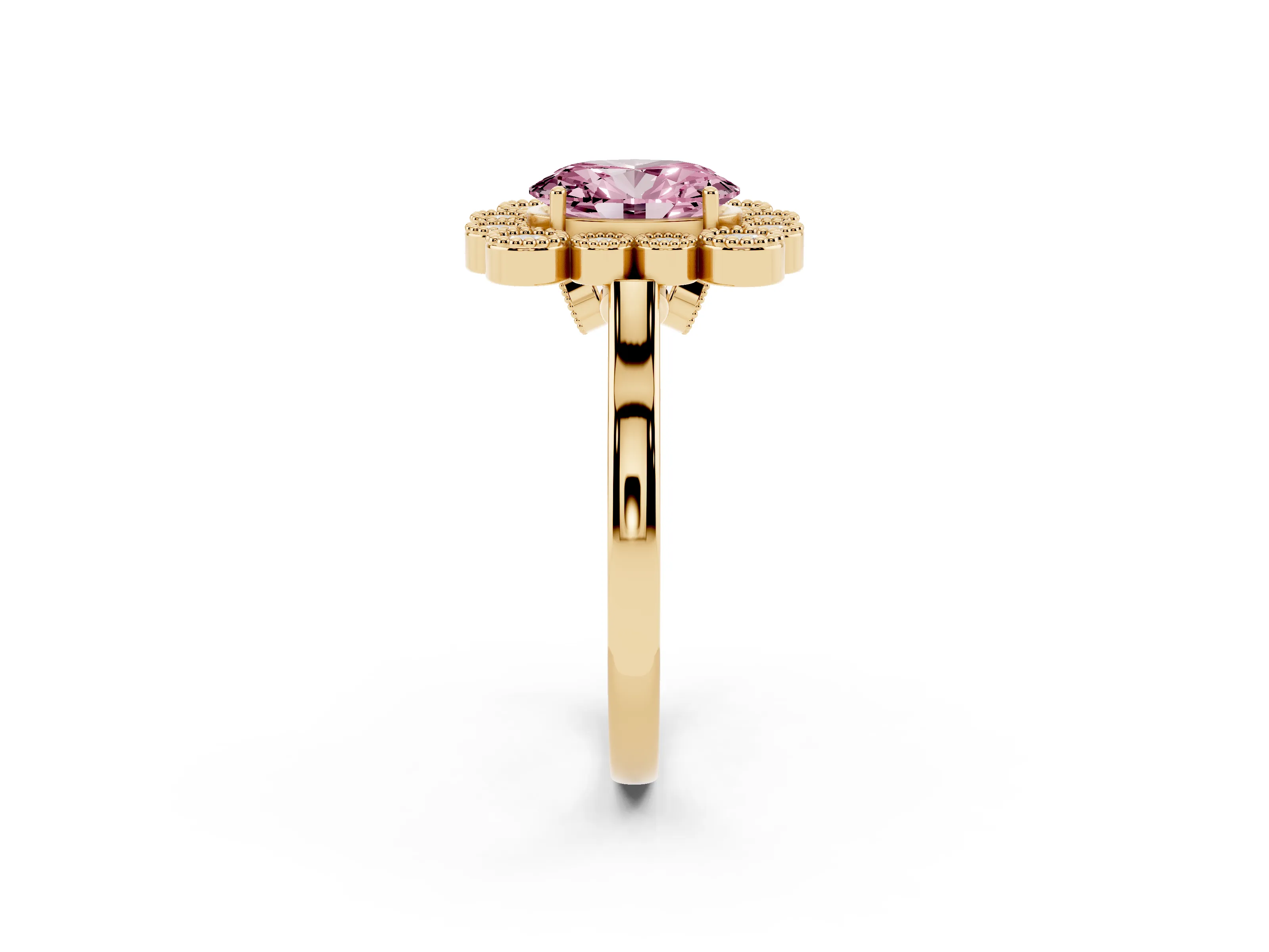 Fancy Pink Oval Cut Diamond Cluster Halo Ring Set in Yellow gold with Milgrain Bezel Accents and Plain Band