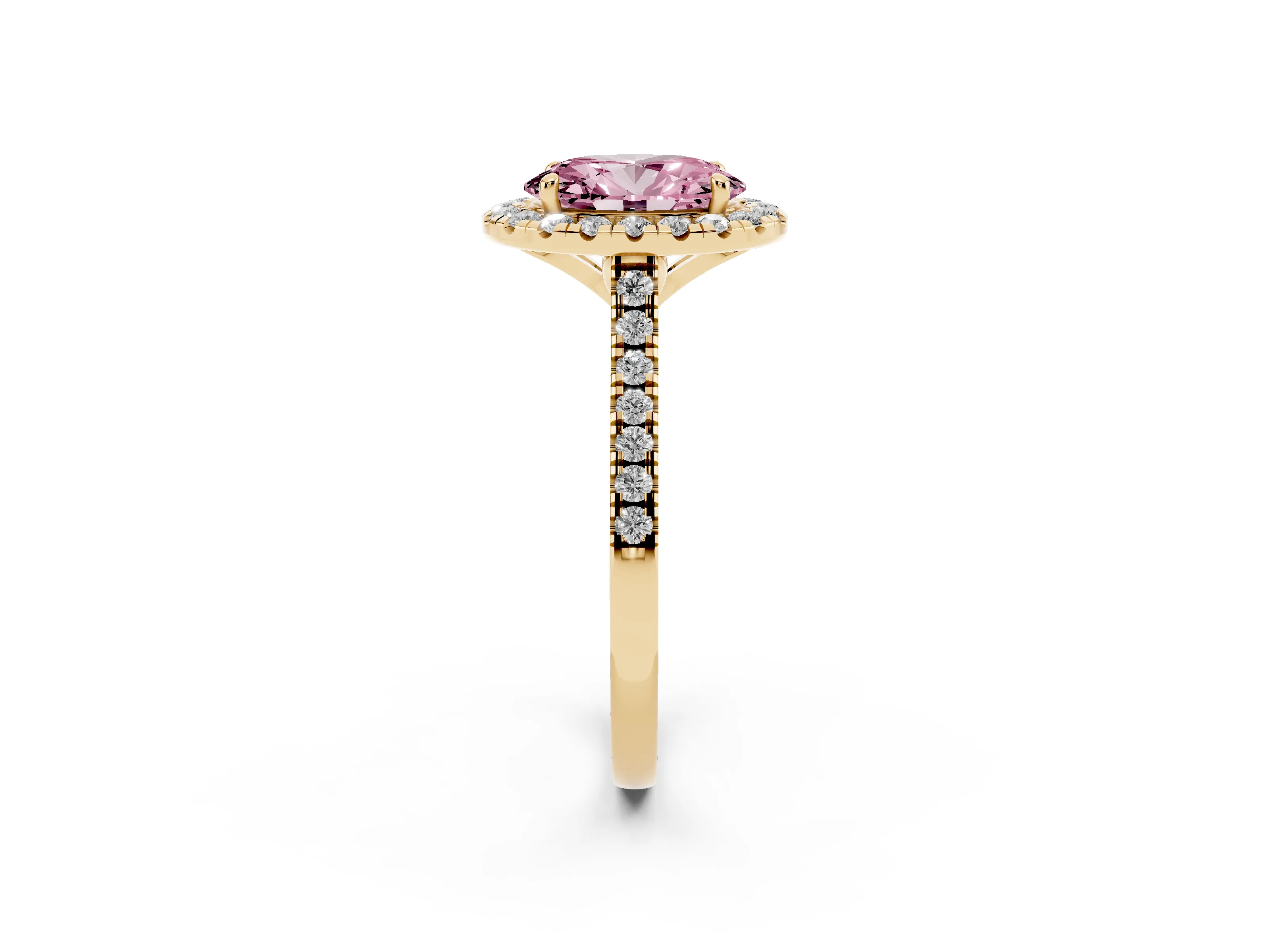 Fancy Pink Oval Cut Diamond Cushion Halo Ring Set in Yellow gold with Pavé Band