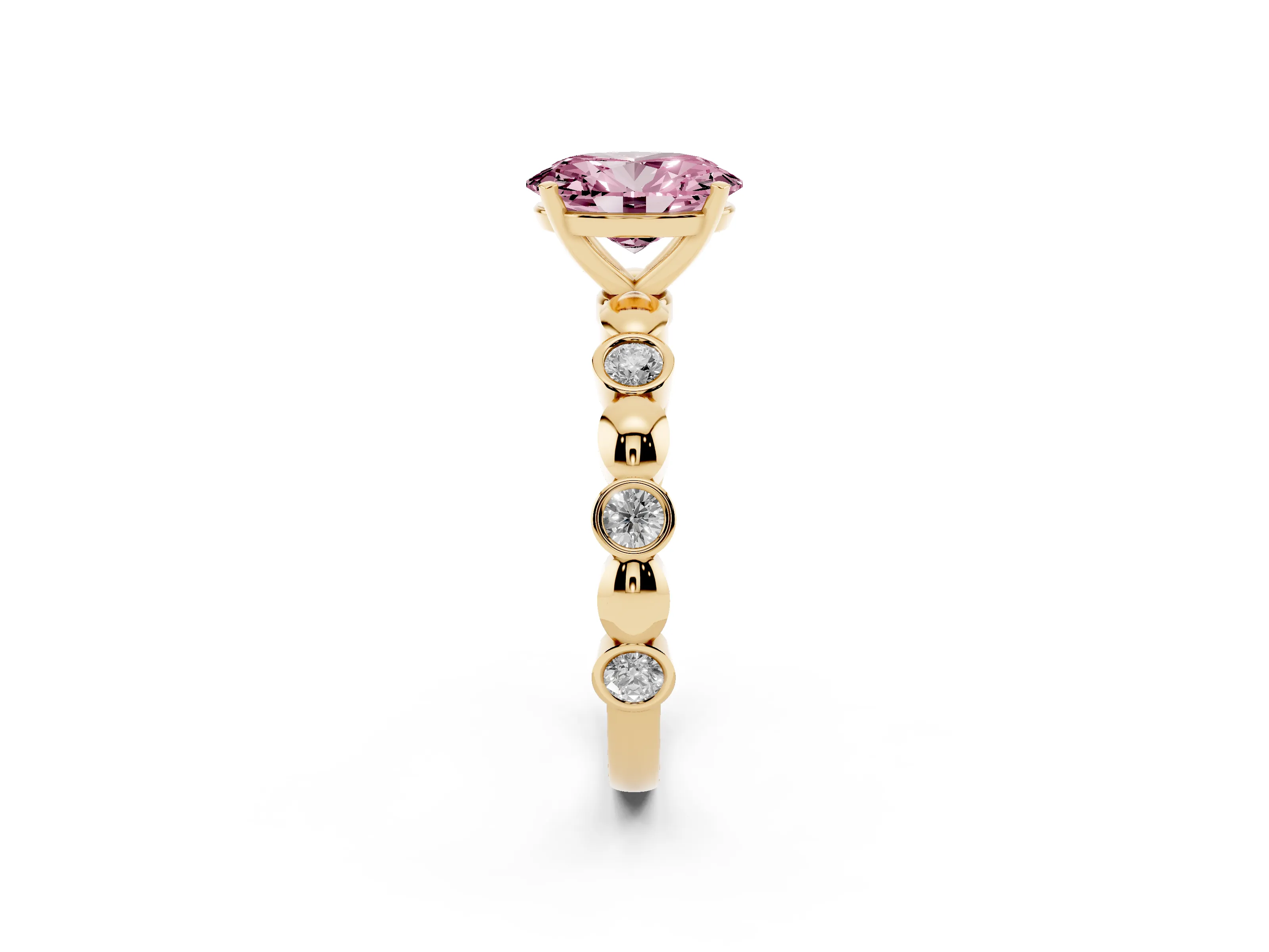 Fancy Pink Oval Cut Diamond Solitaire Ring Set in Yellow gold with Bezel-Set Accents on Beaded Band and Prong Setting