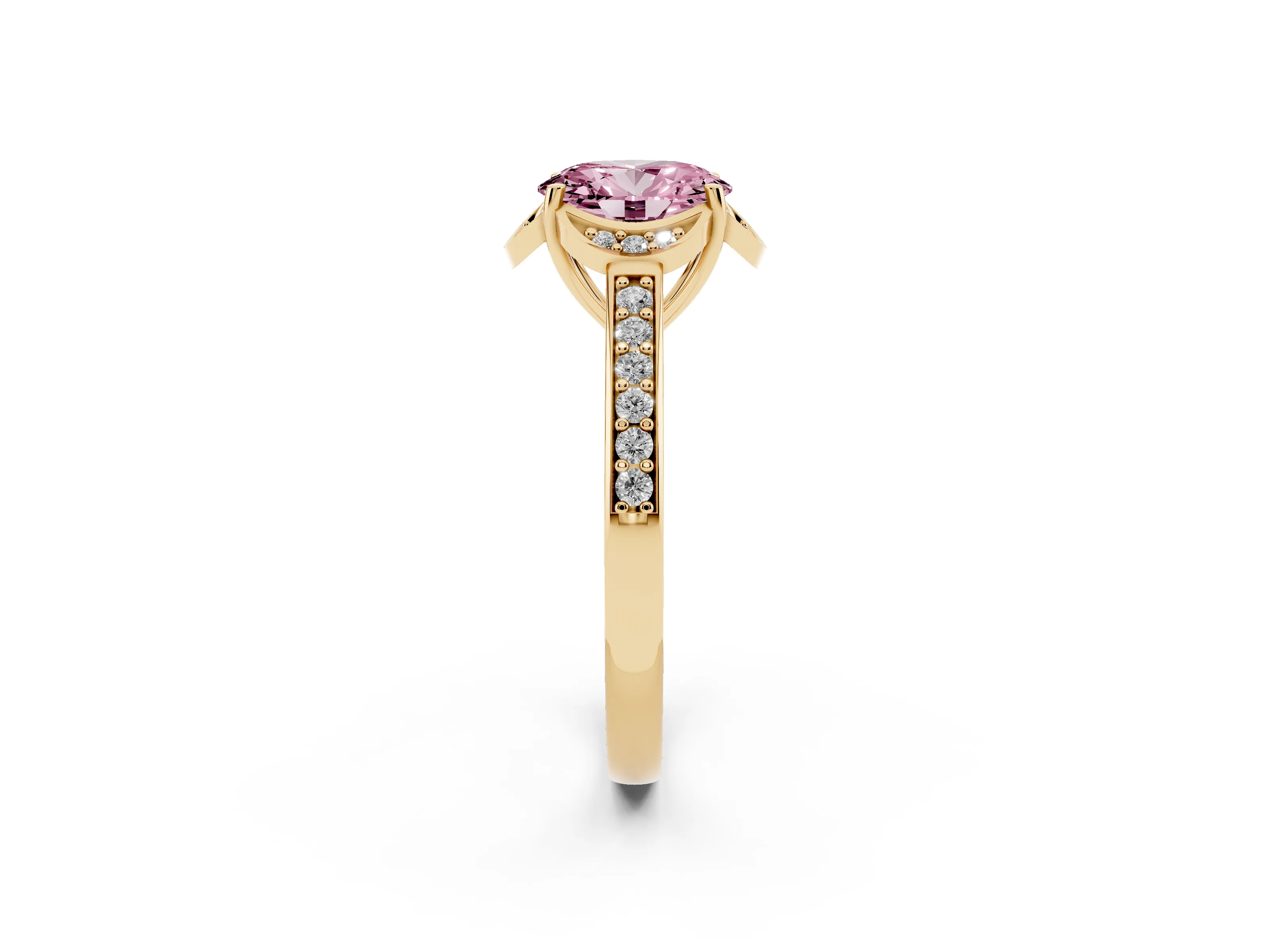 Fancy Pink Oval Cut Diamond Halo Ring Set in Yellow gold with Channel Set Band and Prong Setting