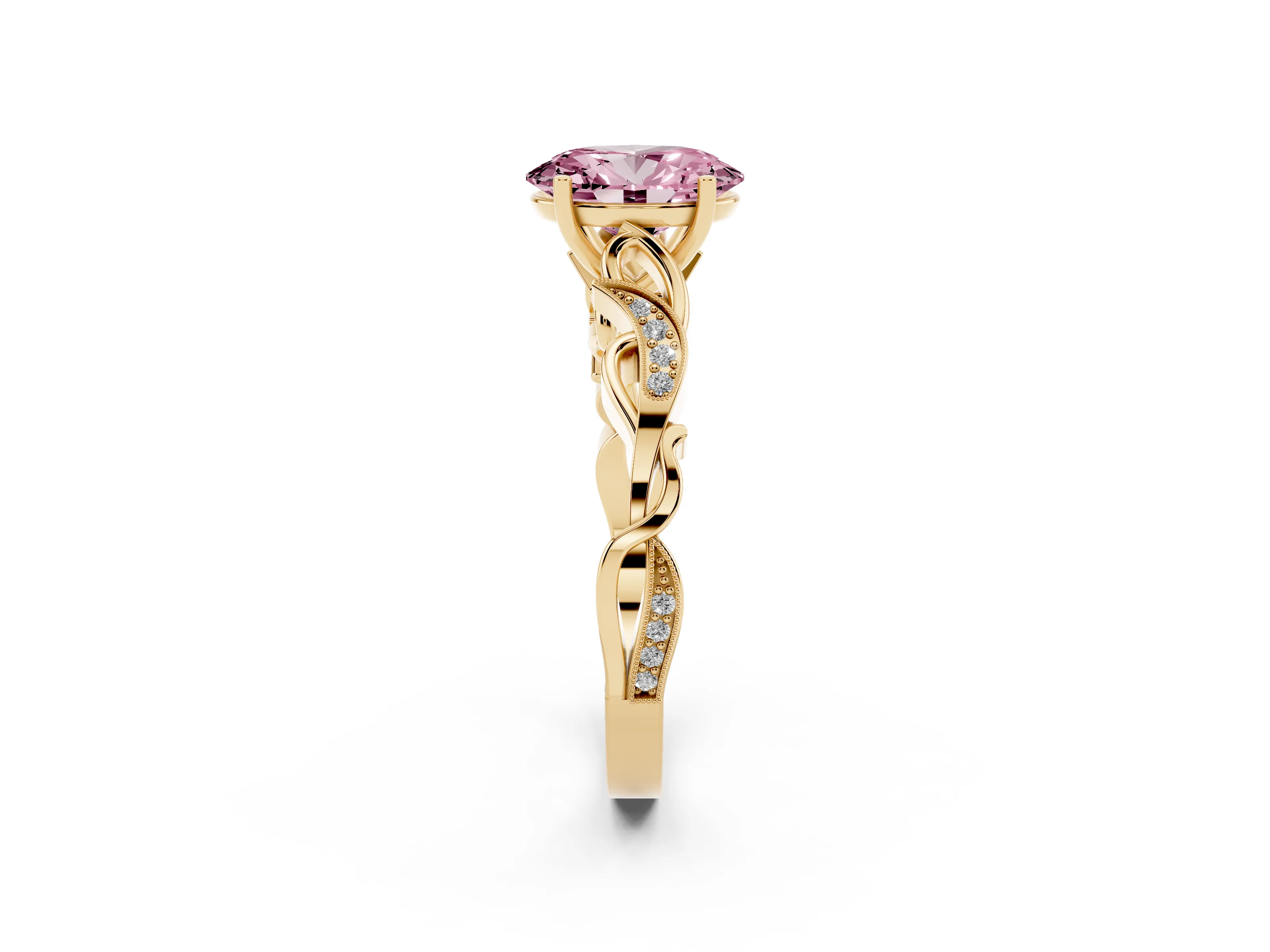 Fancy Pink Oval Cut Diamond Vine Band Solitaire Ring Set in Yellow gold with Milgrain Prong Setting