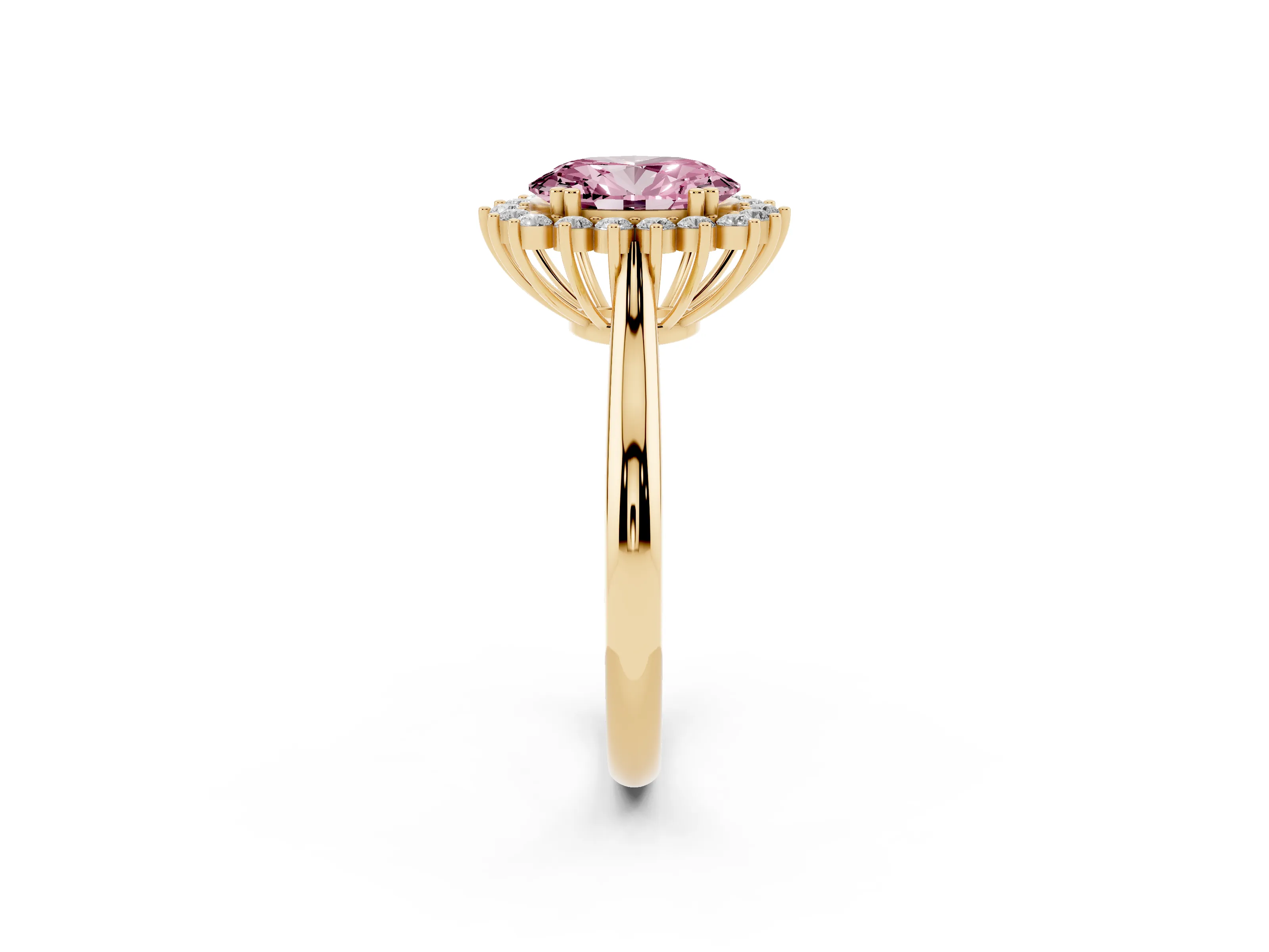 Fancy Pink Oval Cut Diamond Halo Ring Set in Yellow gold with Plain Solitaire Band and Prong Setting