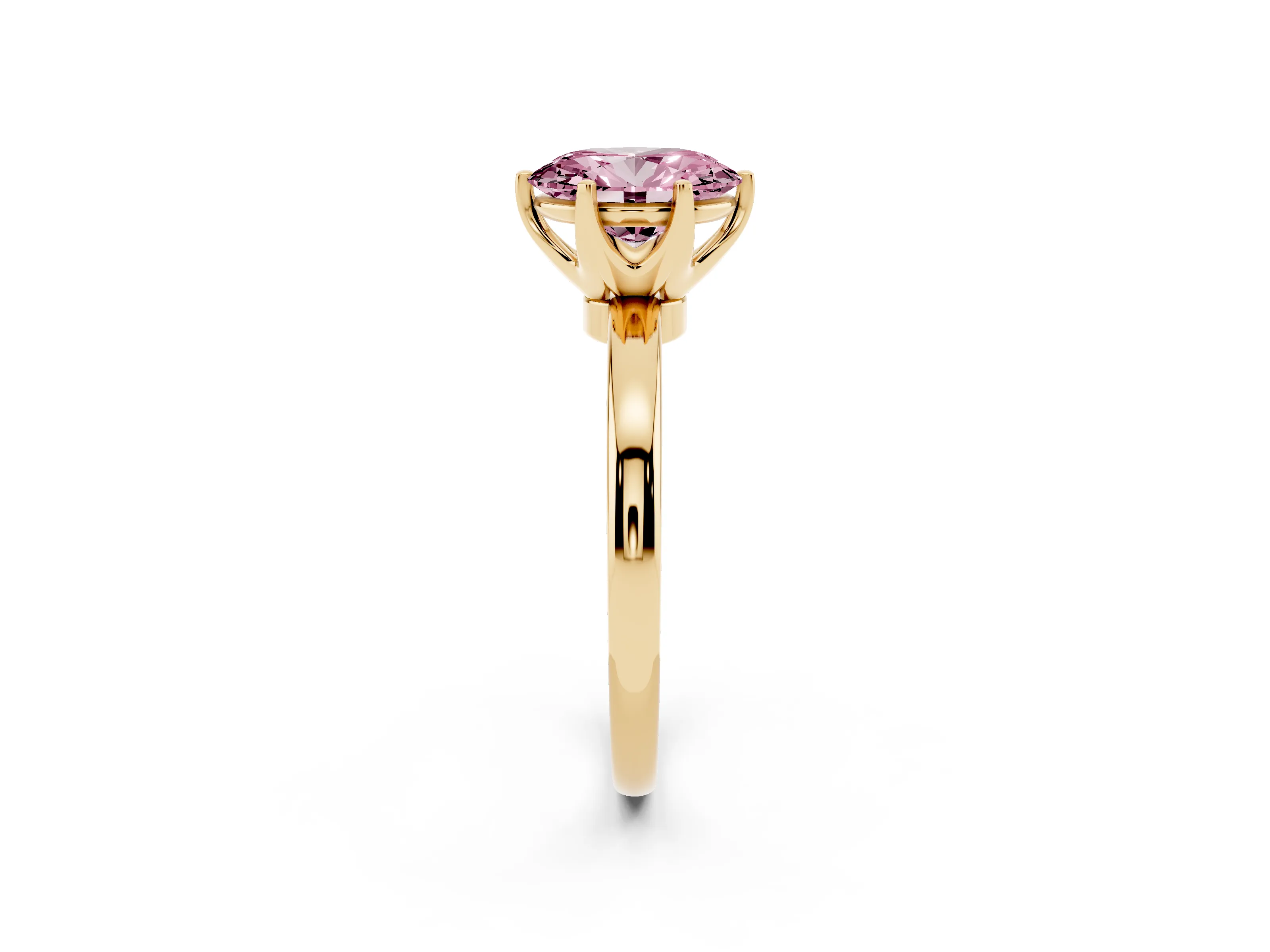 Fancy Pink Oval Cut Diamond Solitaire Ring Set in Yellow gold with Raised Prong Setting on a Classic Band