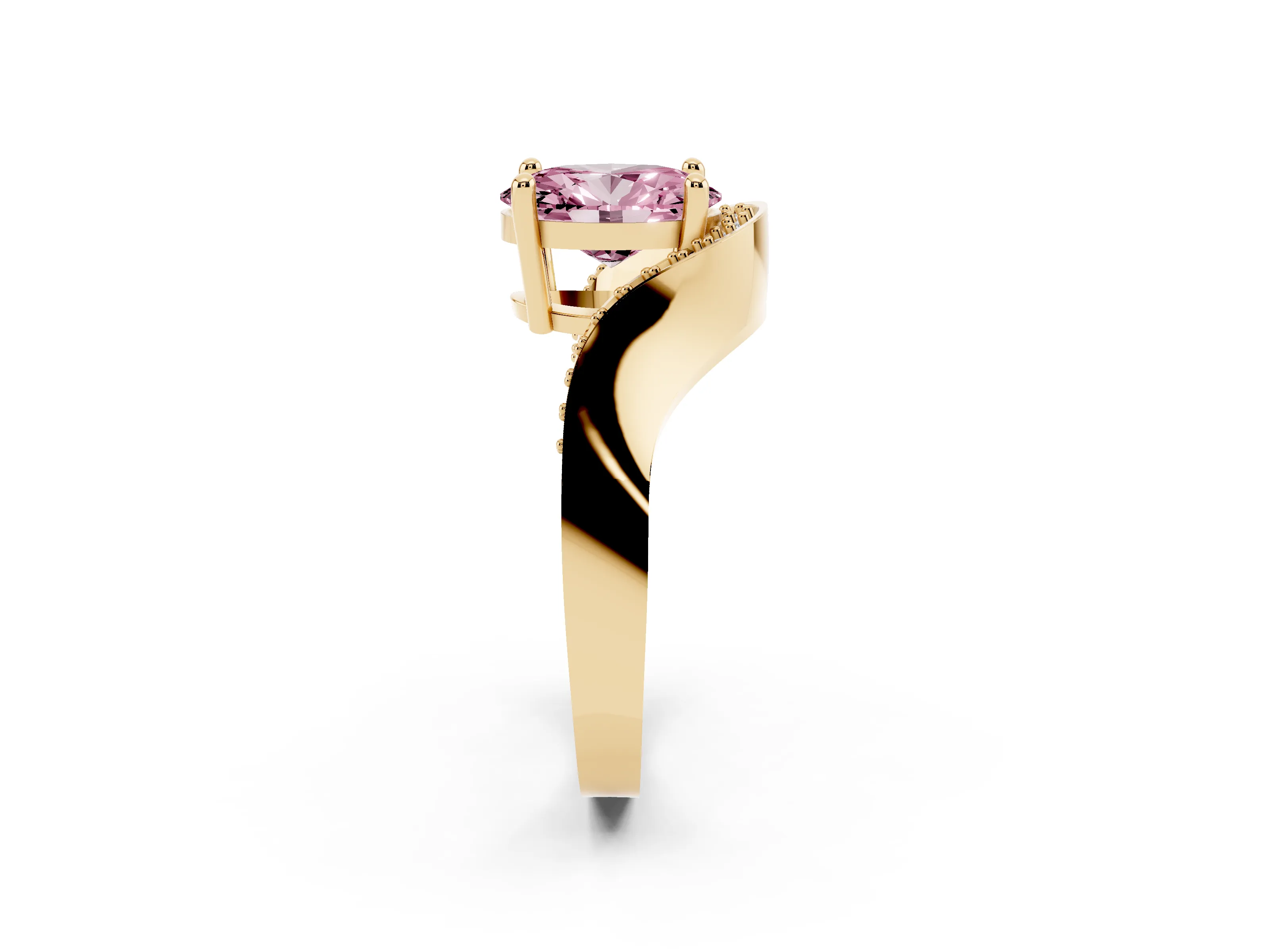 Fancy Pink Oval Cut Diamond Solitaire Engagement Ring Set in Yellow gold with Pavé Shoulders