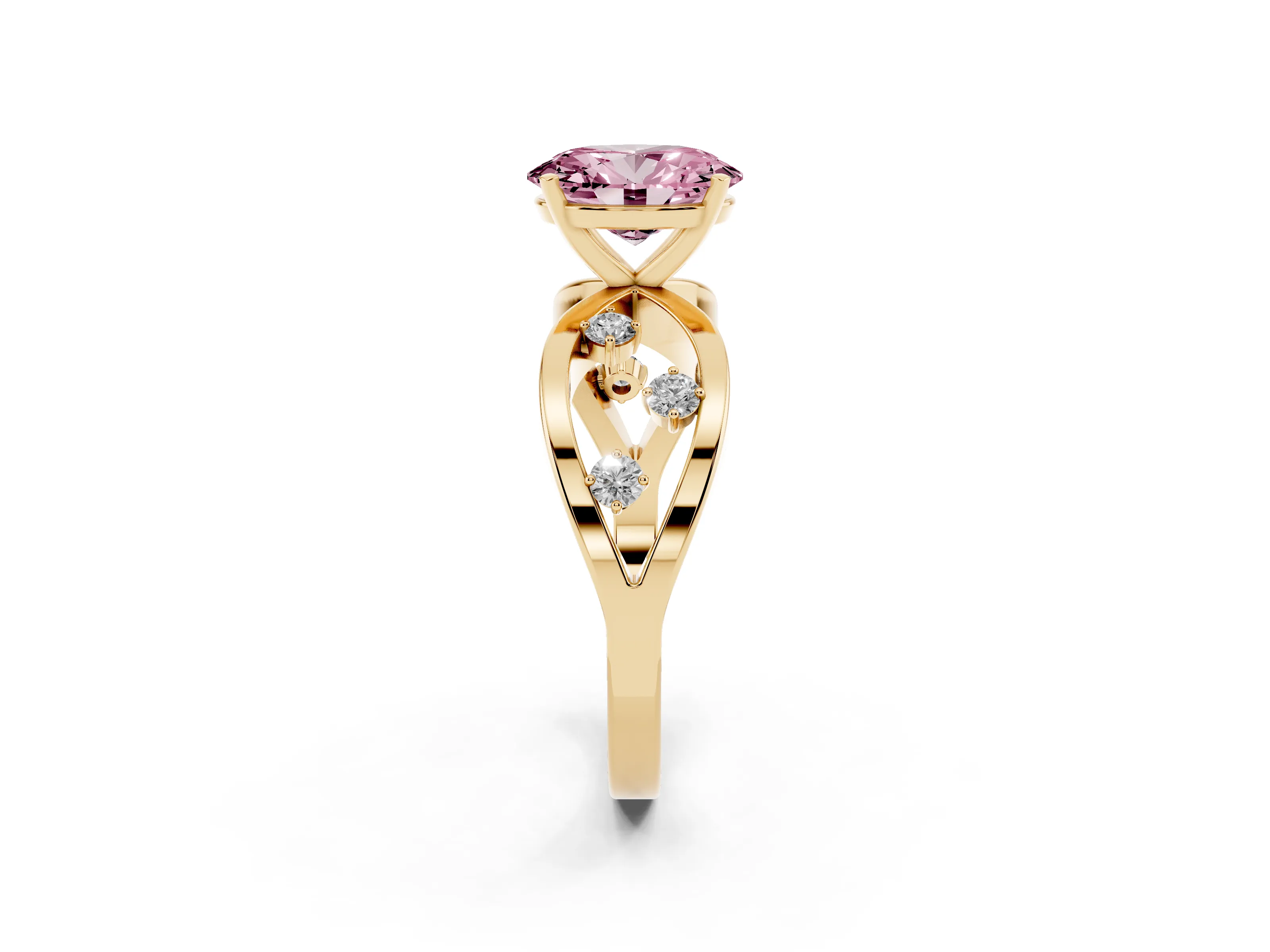 Fancy Pink Oval Cut Diamond Solitaire Ring Set in Yellow gold with Side Stones on Criss-Cross Band and Prong Setting