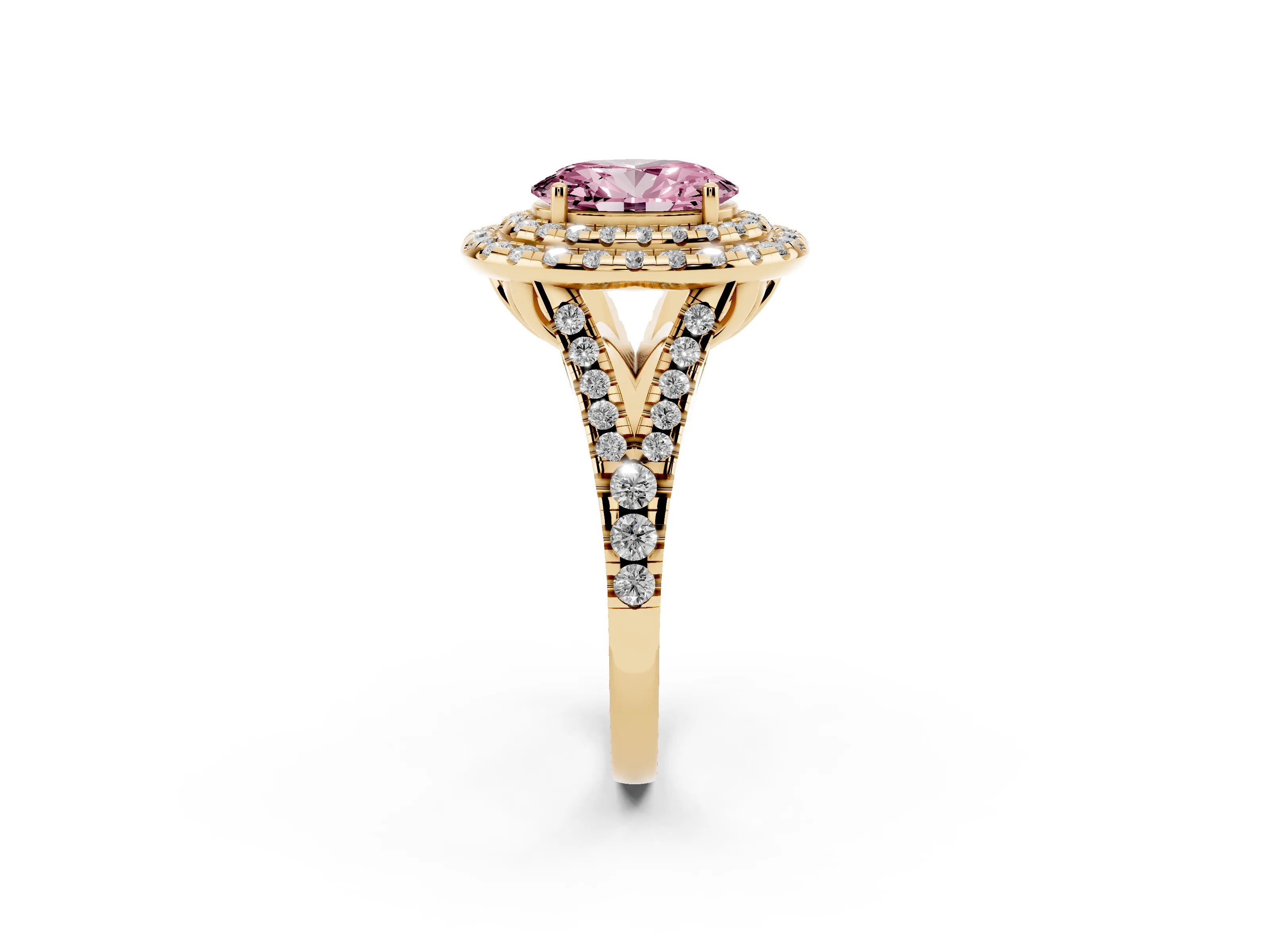 Fancy Pink Oval Cut Diamond Double Halo Ring Set in Yellow gold with Pavé Split Shank and Prong Setting