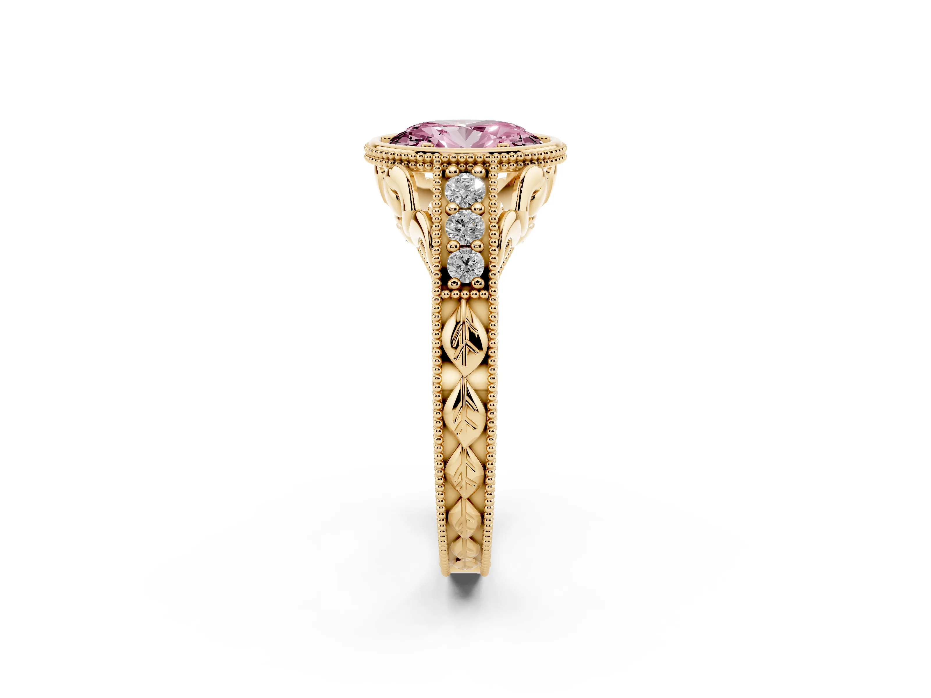 Fancy Pink Bezel Set Oval Cut Diamond Milgrain Pavé Engagement Ring Set in Yellow gold