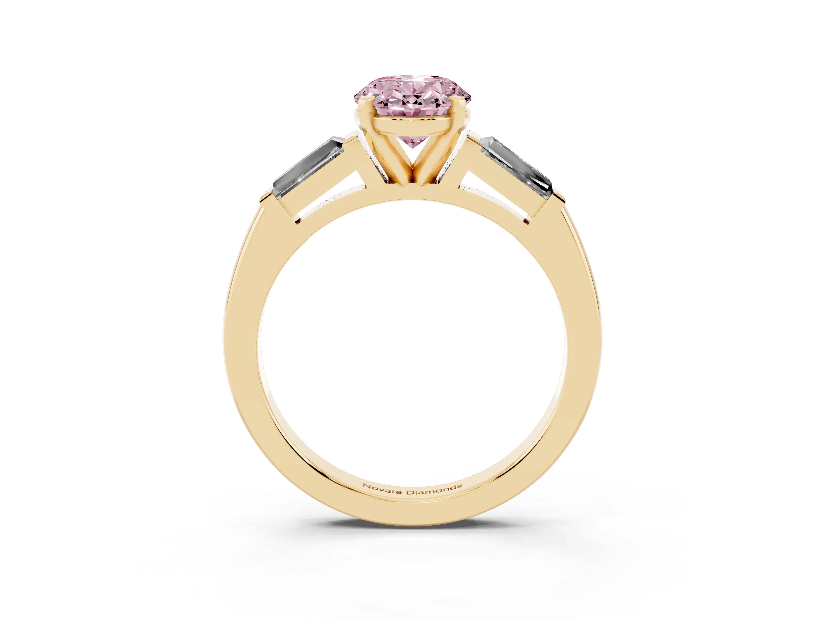 Fancy Pink Oval Cut Diamond Solitaire Ring Set in Yellow gold with Tapered Baguette Side Stones and Prong Setting