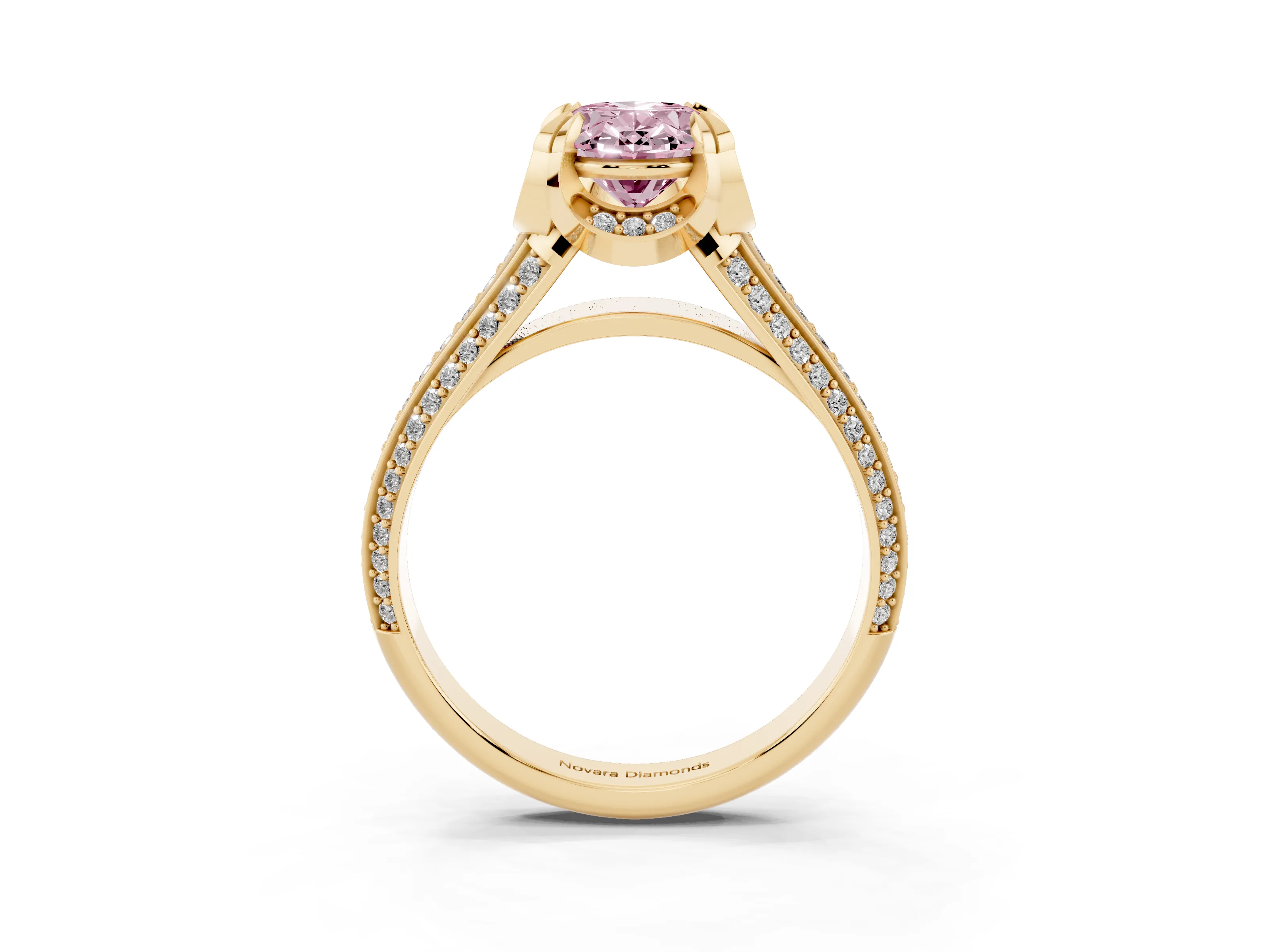 Fancy Pink Oval Cut Diamond Pavé Split Shank Solitaire Ring Set in Yellow gold with Prong Setting