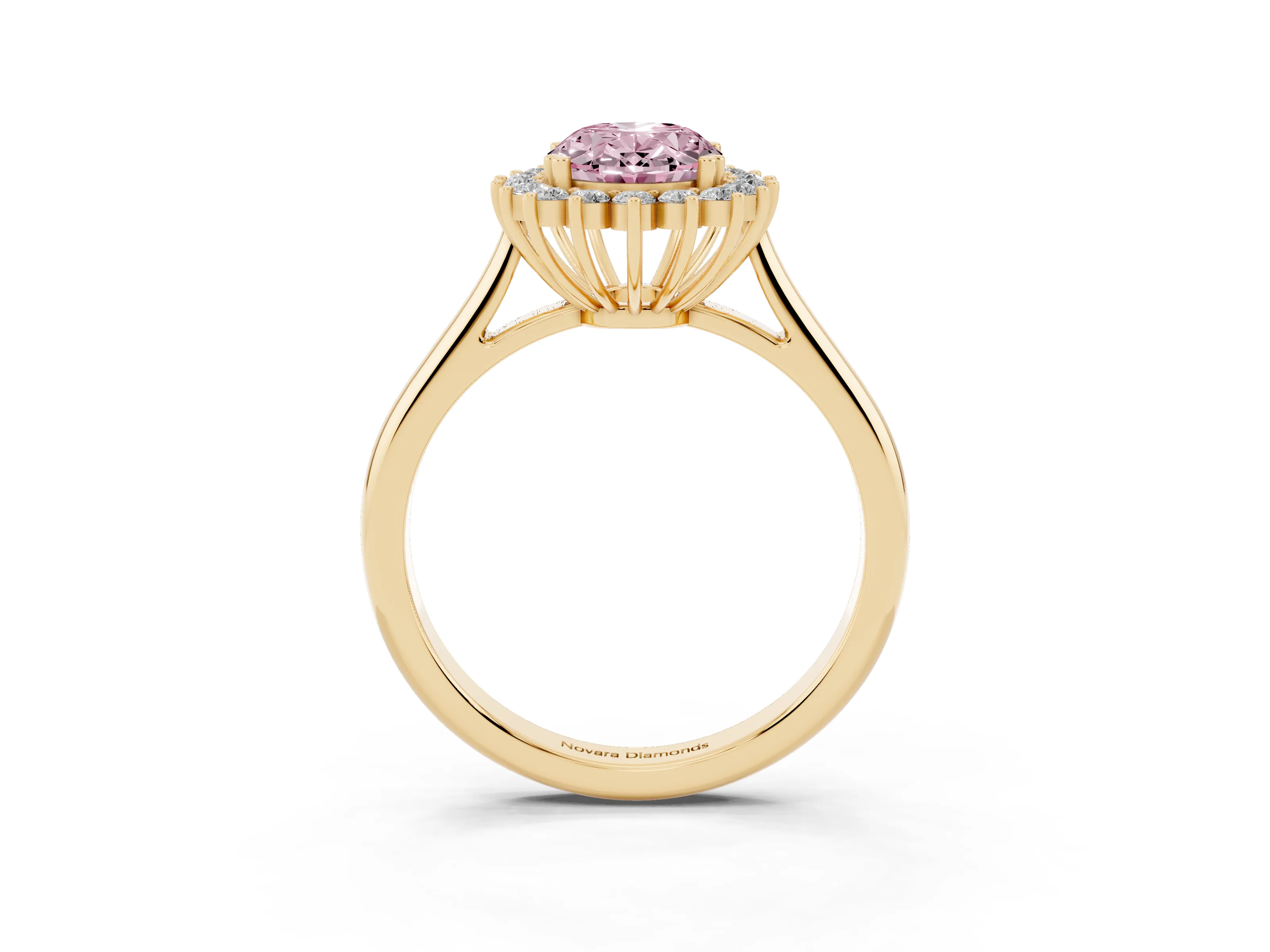 Fancy Pink Oval Cut Diamond Halo Ring Set in Yellow gold with Plain Solitaire Band and Prong Setting