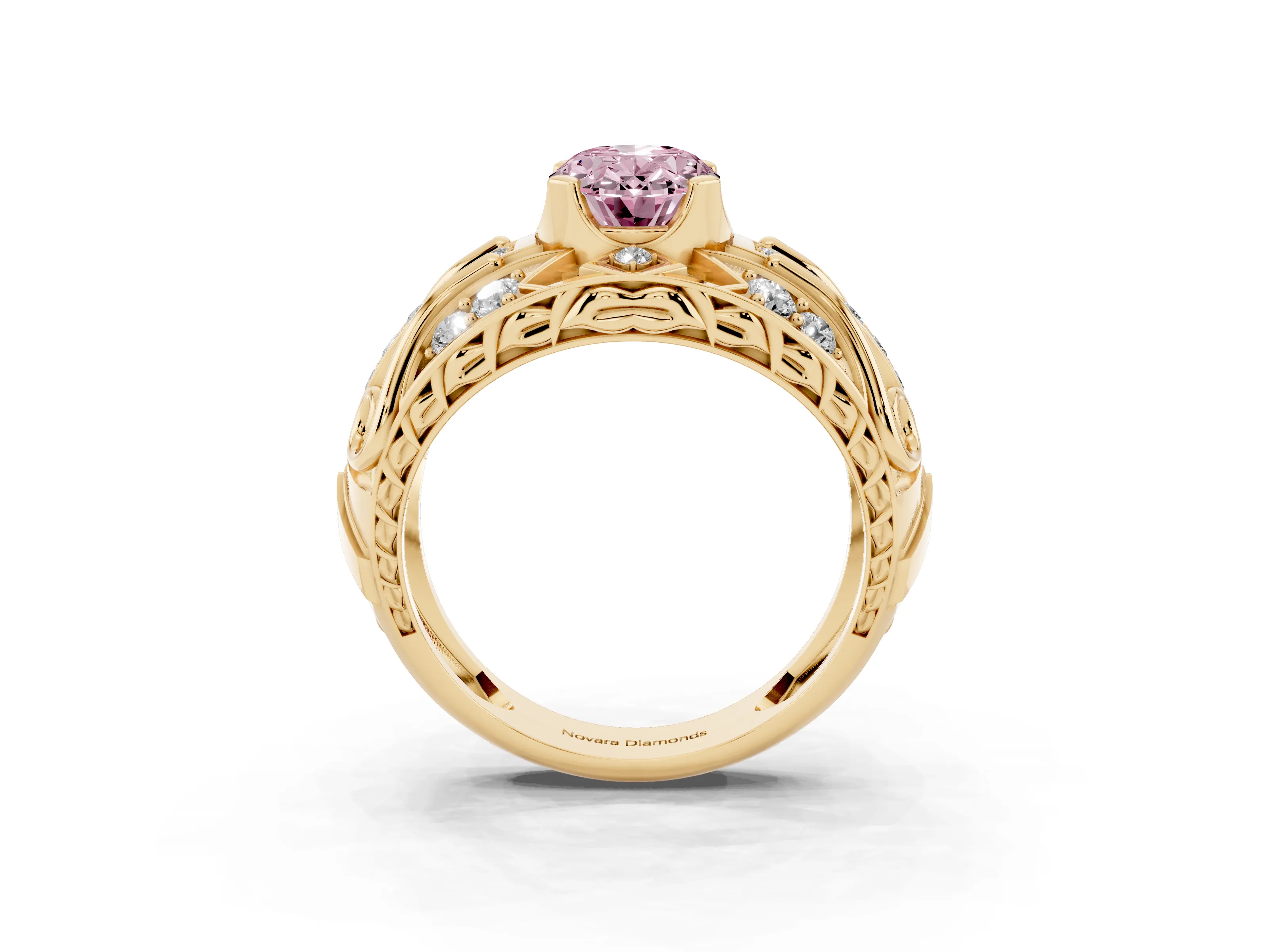 Fancy Pink Oval Cut Diamond Art Deco Ring Set in Yellow gold with Pavé Split Shank
