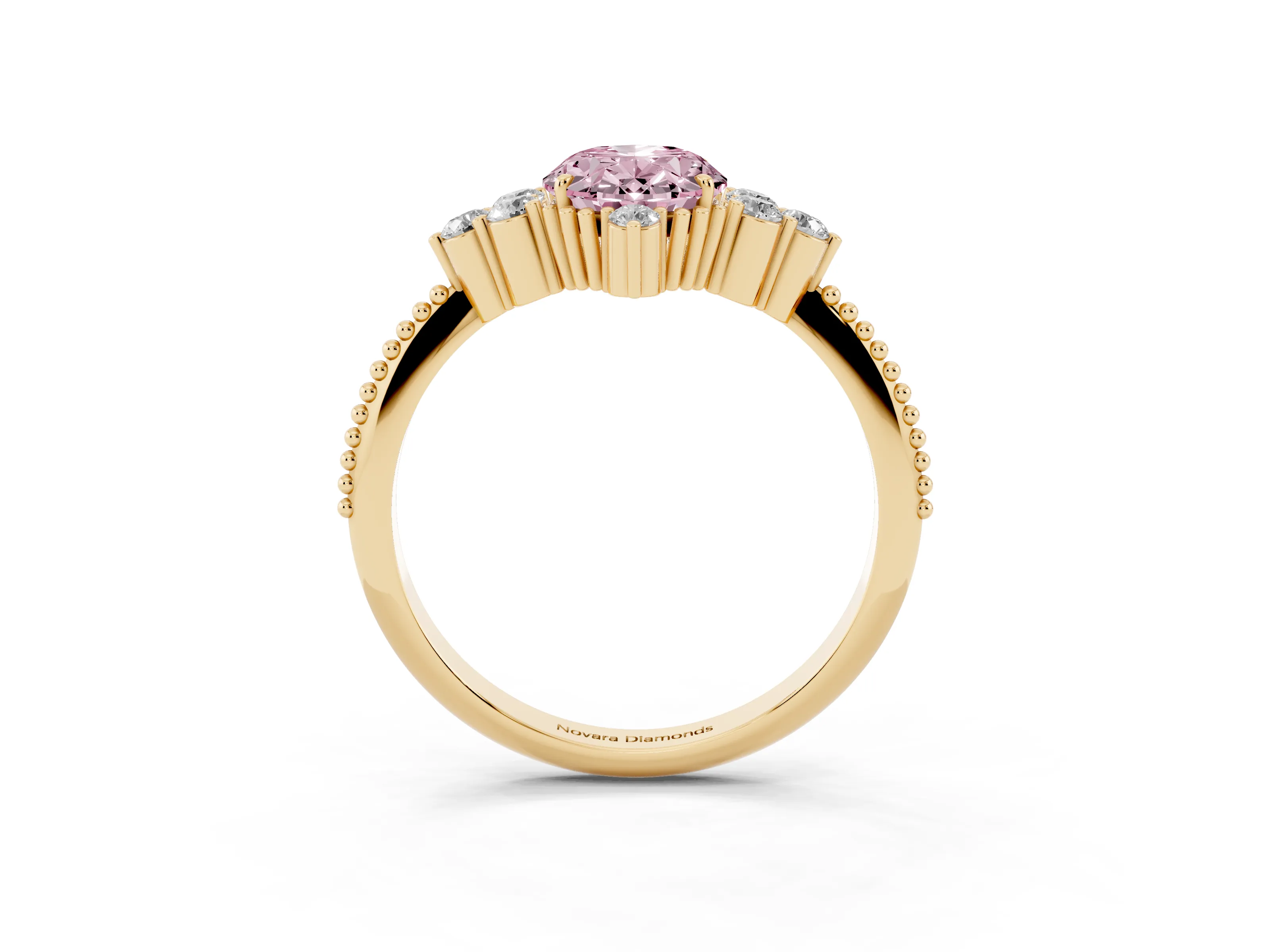 Fancy Pink Oval Cut Diamond Cluster Ring Set in Yellow gold with Beaded Band