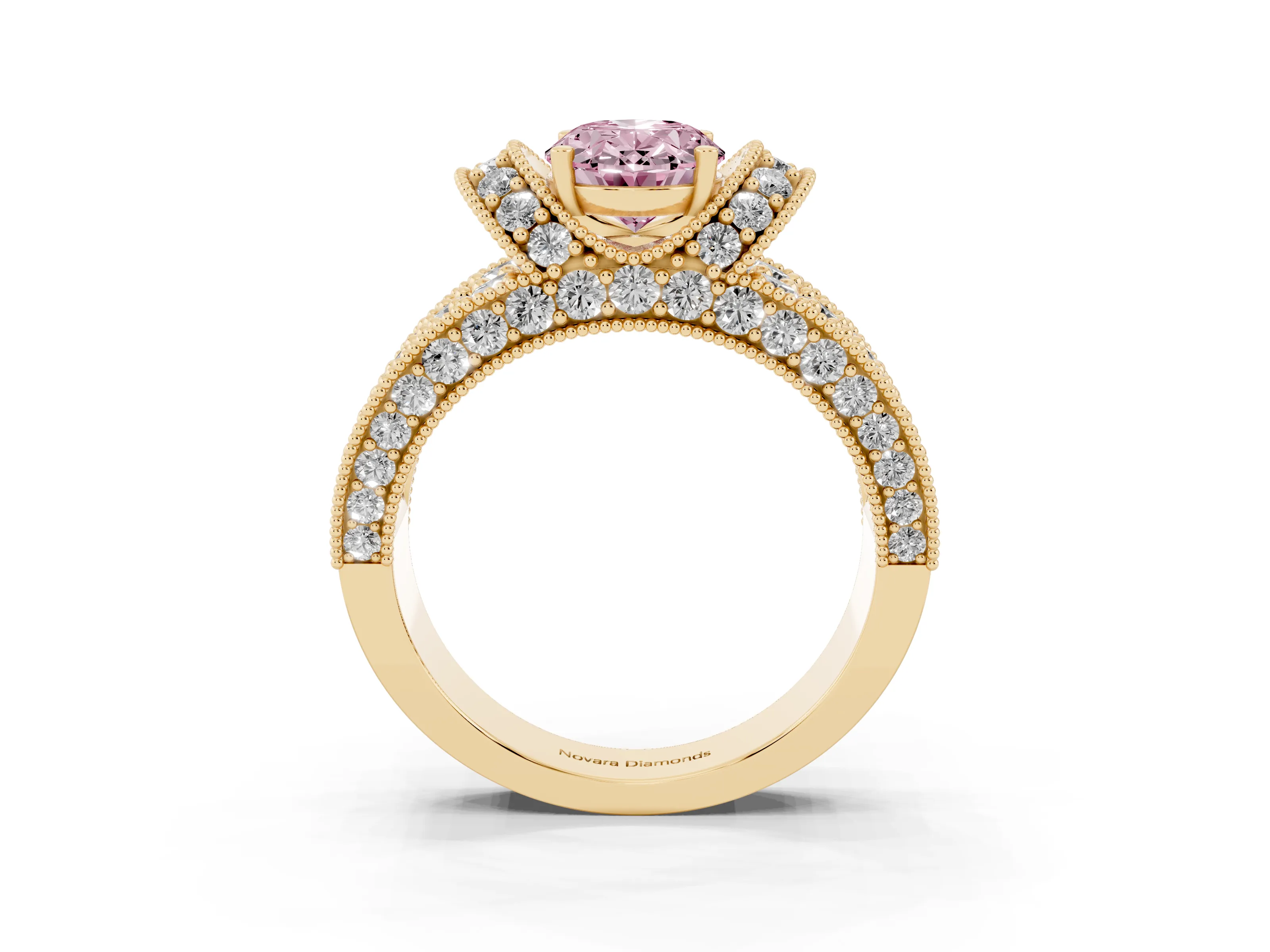 Fancy Pink Oval Cut Diamond Milgrain Halo Pavé Engagement Ring Set in Yellow gold with Prong Setting