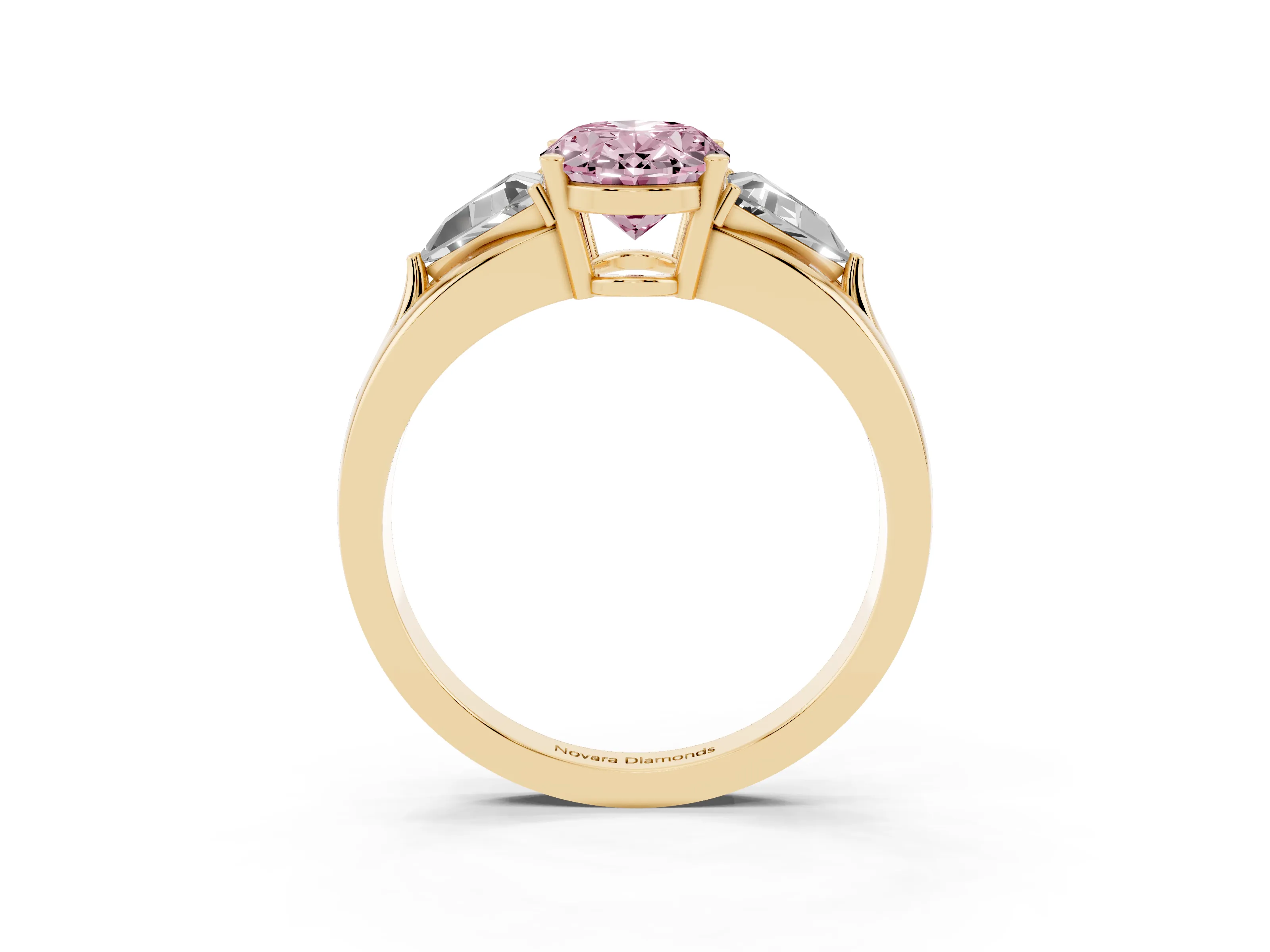 Fancy Pink Oval Cut Diamond Three-Stone Ring Set in Yellow gold with Trillion Side Stones and Split Shank