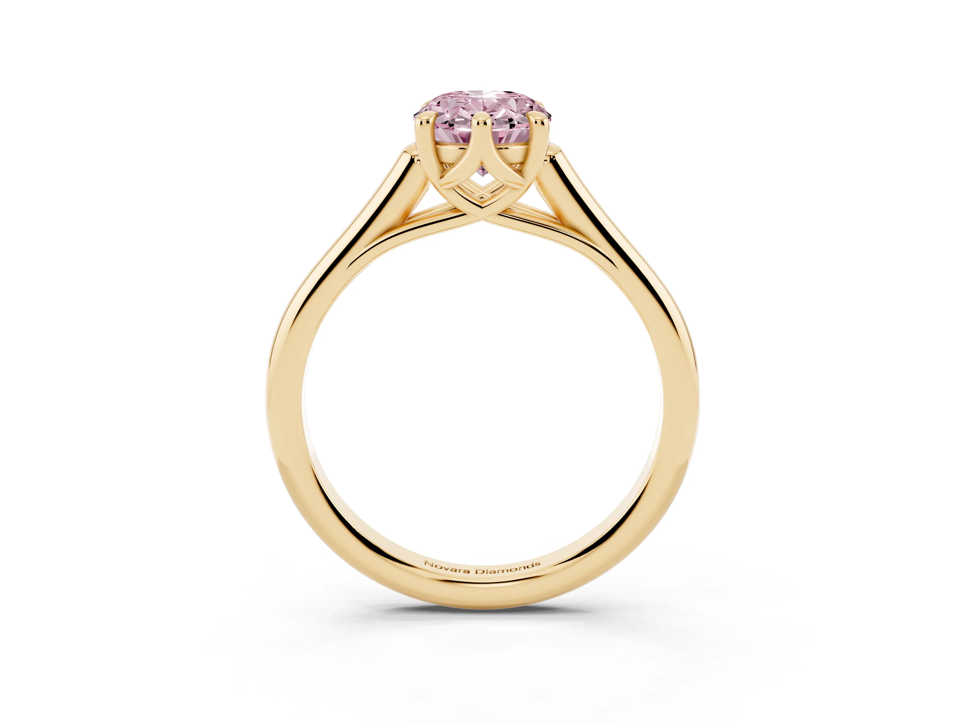 Fancy Pink Oval Cut Diamond Solitaire Engagement Ring Set in Yellow gold with Prong Setting and Plain Classic Band