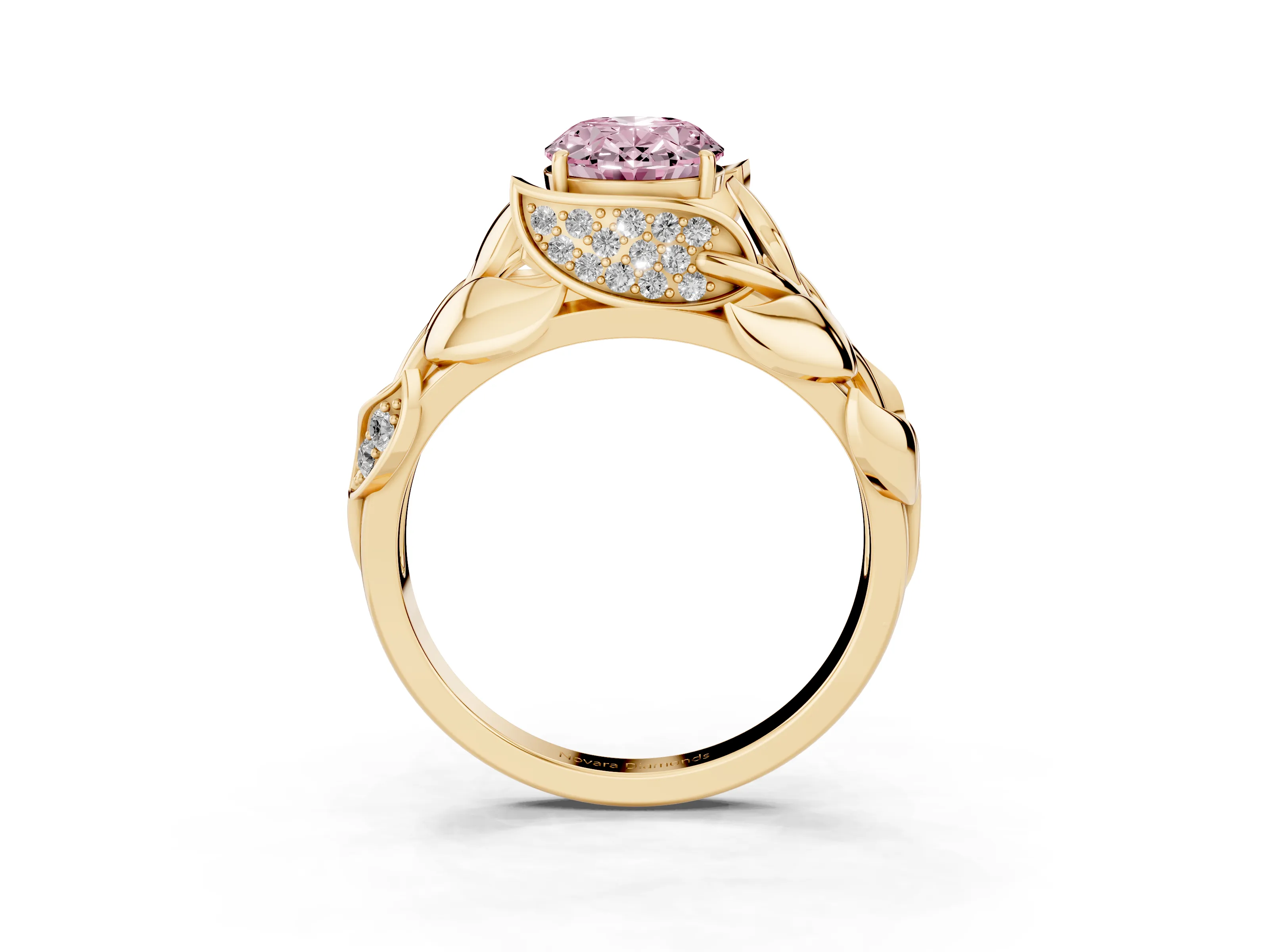 Fancy Pink Oval Cut Diamond Leaf-Inspired Engagement Ring Set in Yellow gold with Round Accents