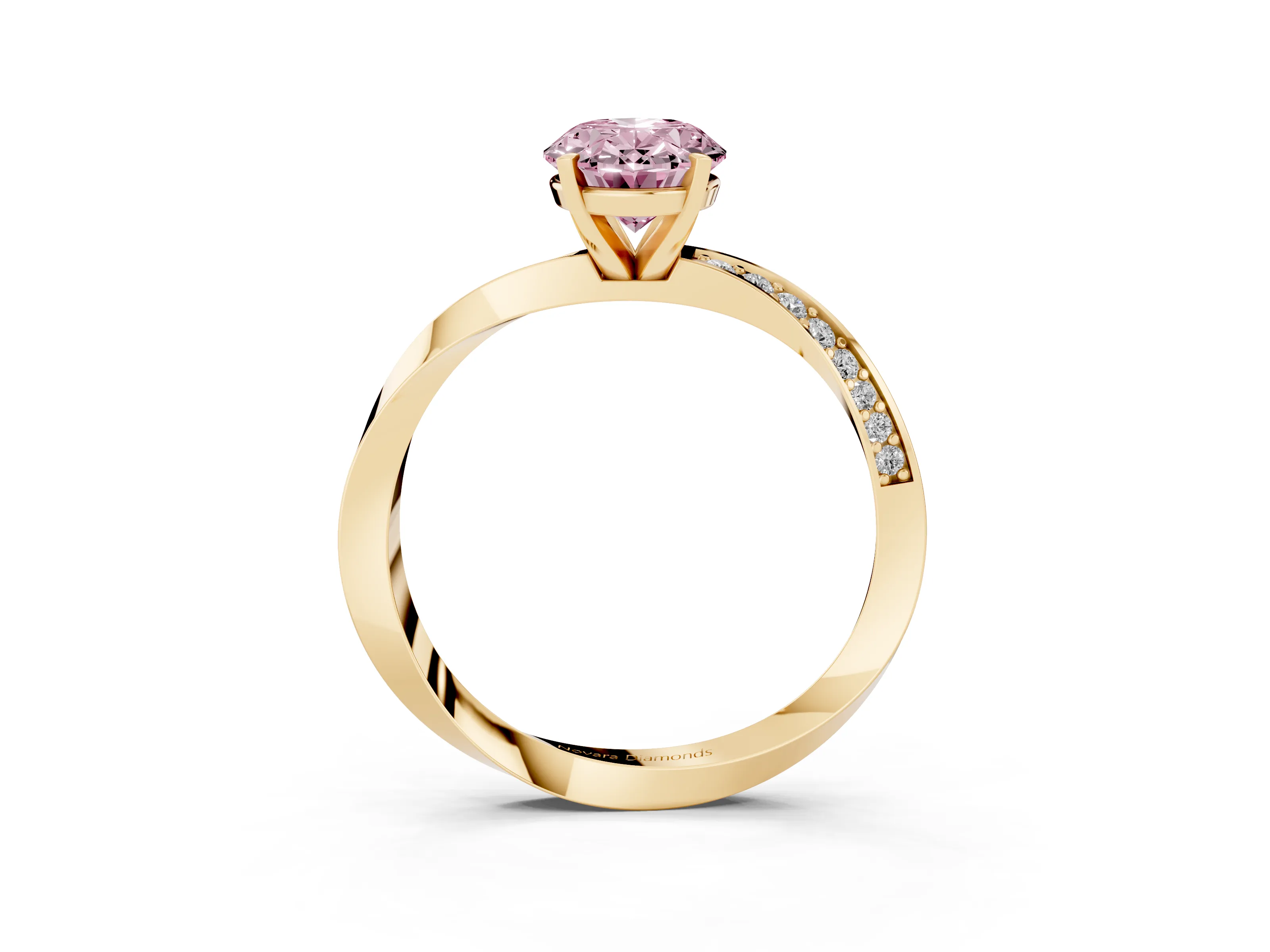 Fancy Pink Oval Cut Diamond Engagement Ring Set in Yellow gold with Side Stone Accents and Prong Setting