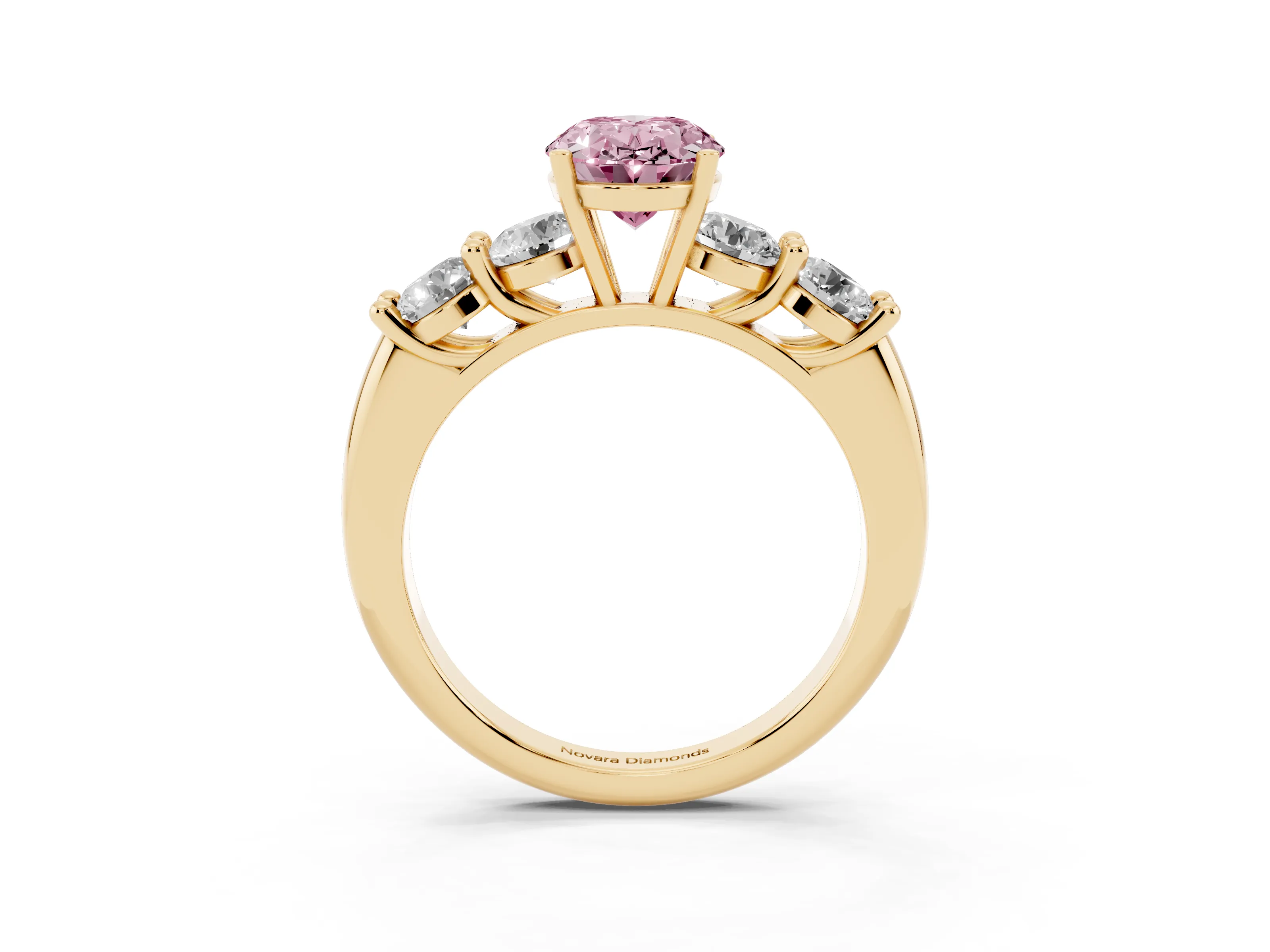 Fancy Pink Oval Cut Diamond Five-Stone Prong Set Ring Set in Yellow gold with Classic Band