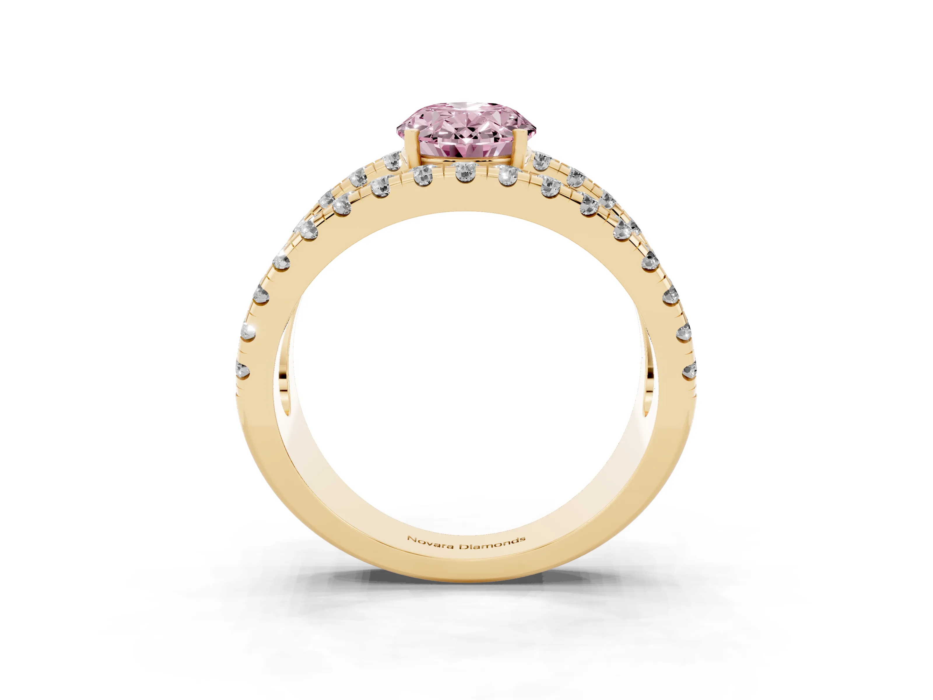 Fancy Pink Oval Cut Diamond Split Shank Pavé Solitaire Ring Set in Yellow gold with Open Shank Design