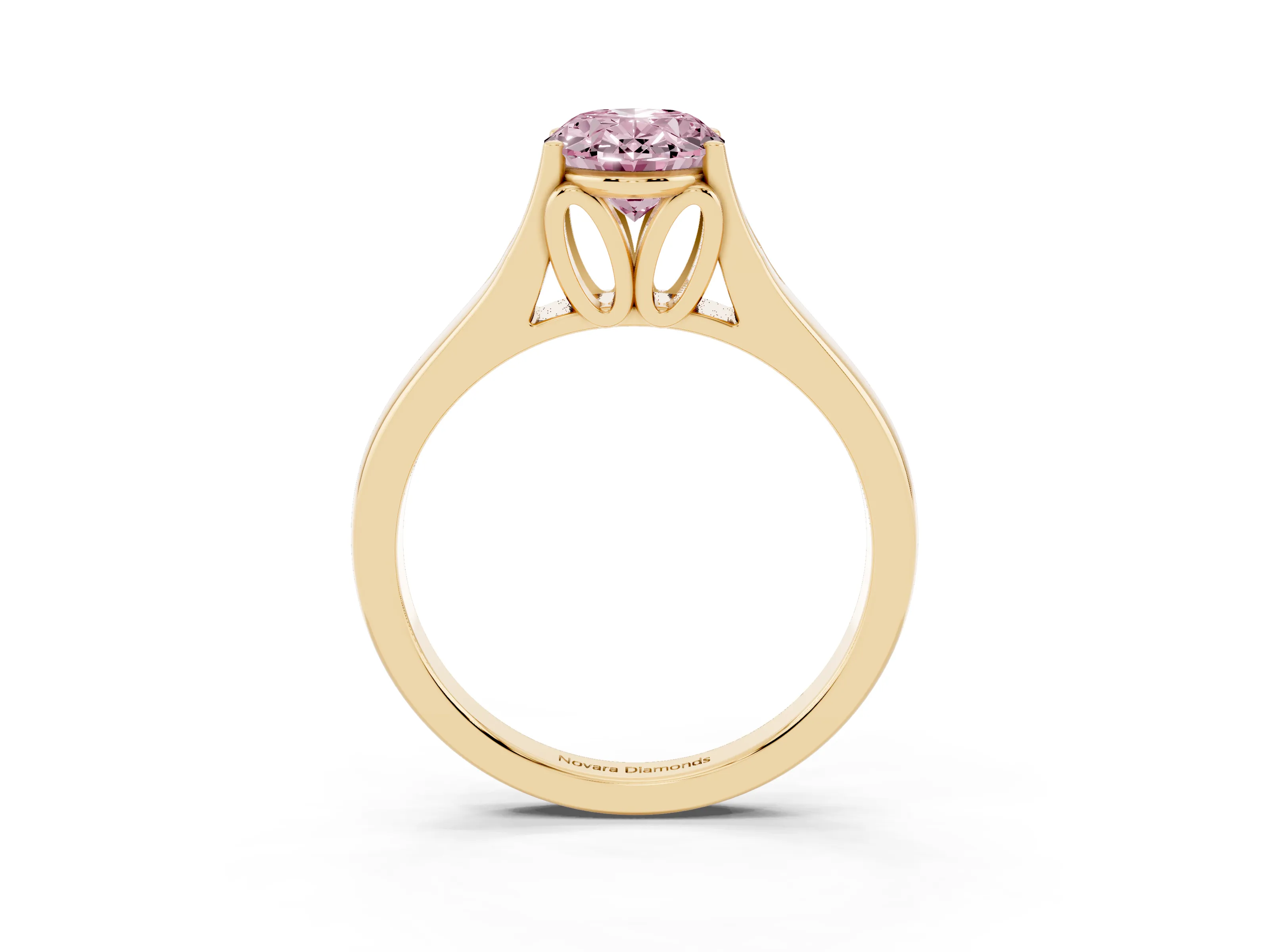 Fancy Pink Oval Cut Diamond Solitaire Ring Set in Yellow gold with Arched Cathedral Band and Prong Setting