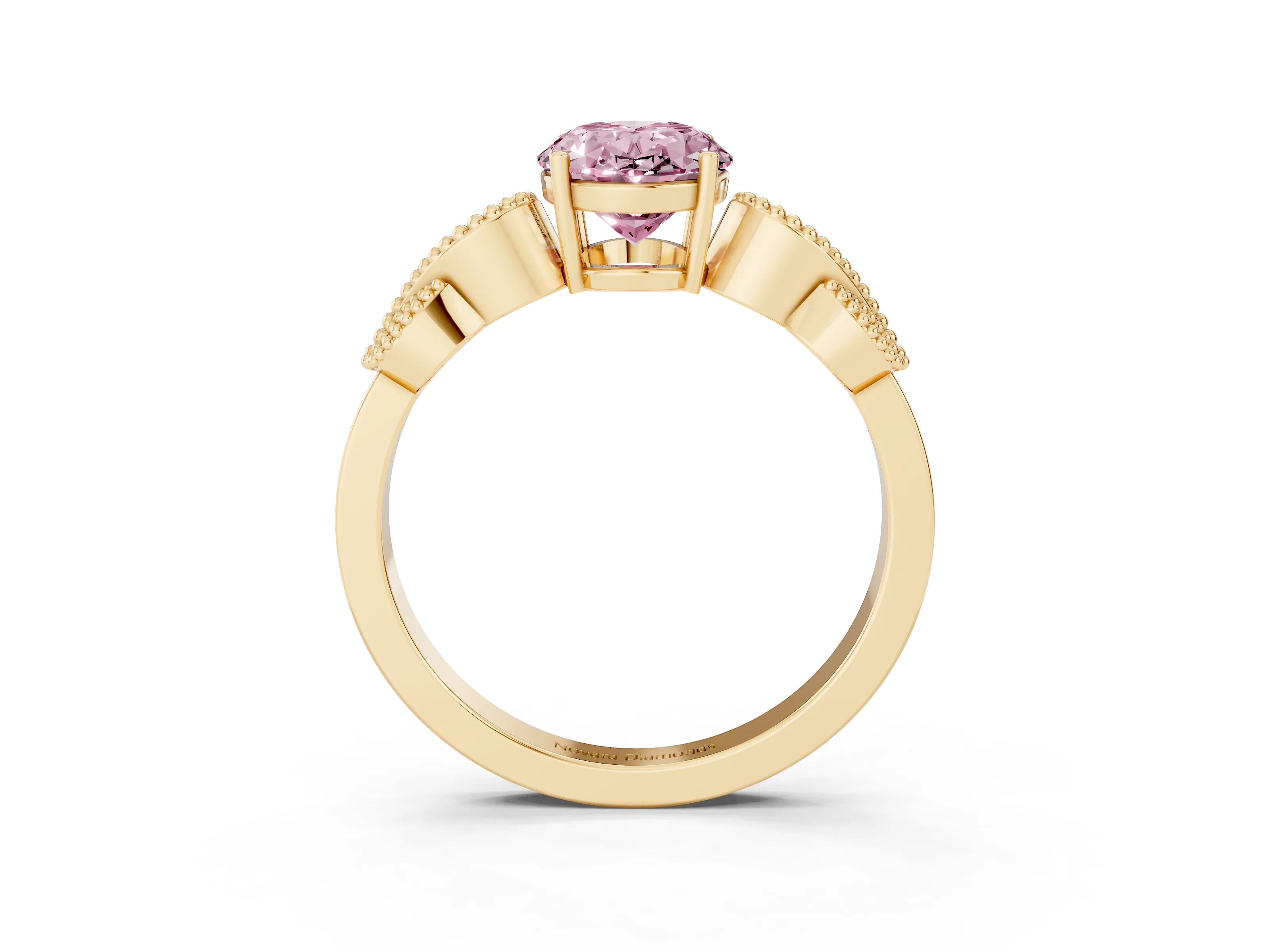Fancy Pink Oval Cut Diamond Milgrain Leaf Band Solitaire Ring Set in Yellow gold with Accent Stones and Prong Setting