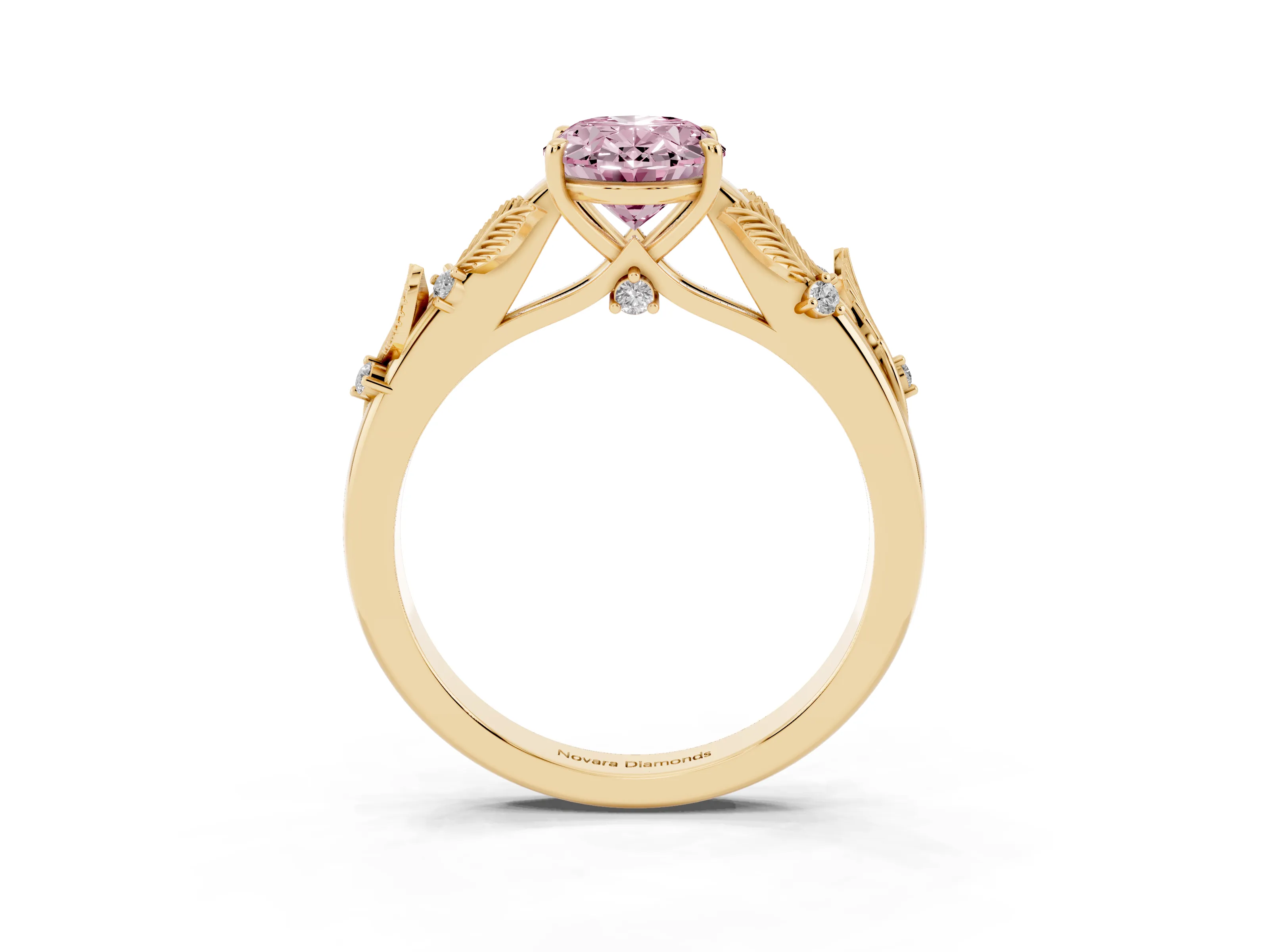 Fancy Pink Oval Cut Diamond Solitaire Ring Set in Yellow gold with Leaf Motif Band