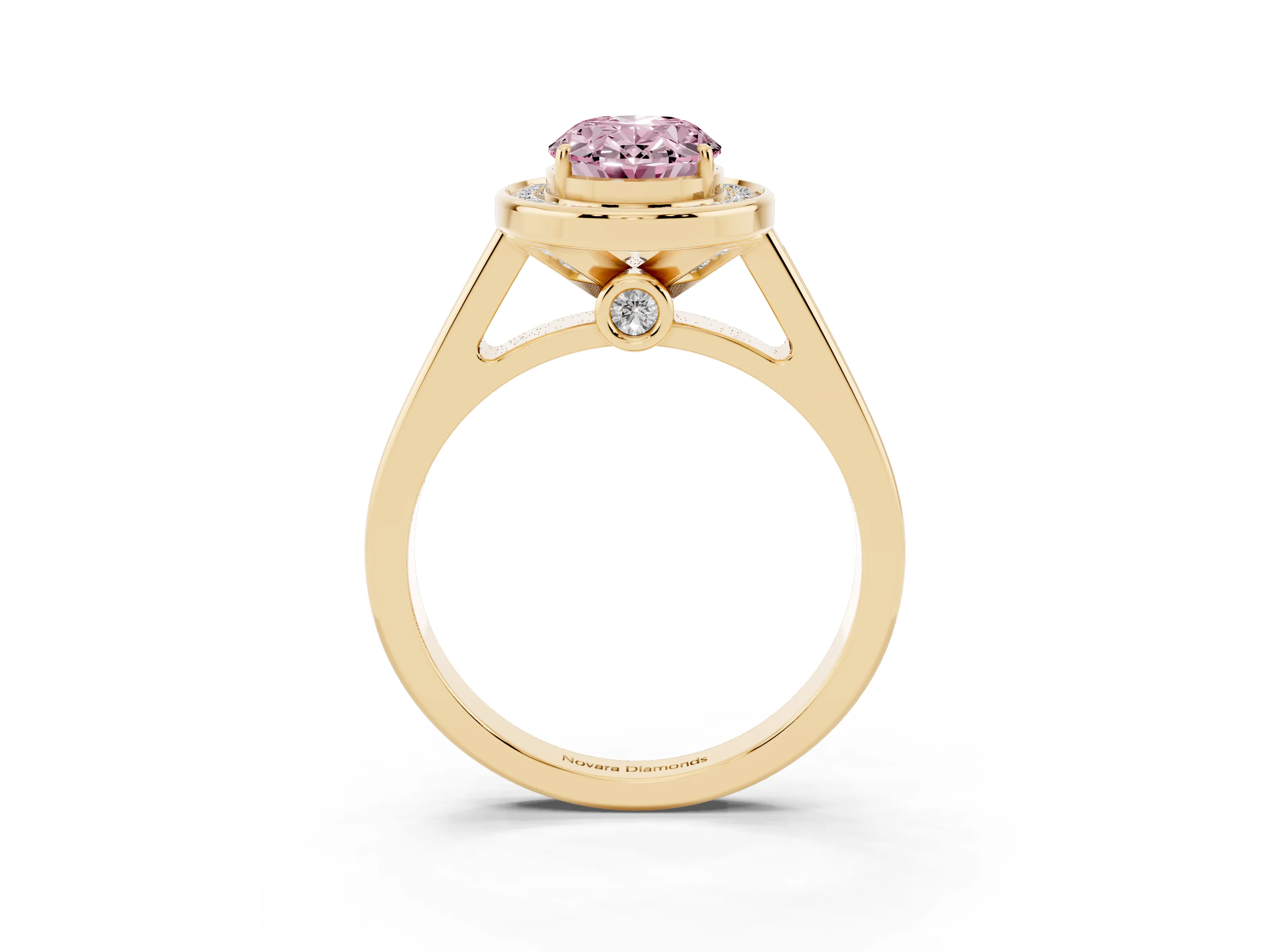 Fancy Pink Oval Cut Diamond Halo Solitaire Ring Set in Yellow gold with Pavé Band and Bezel Setting
