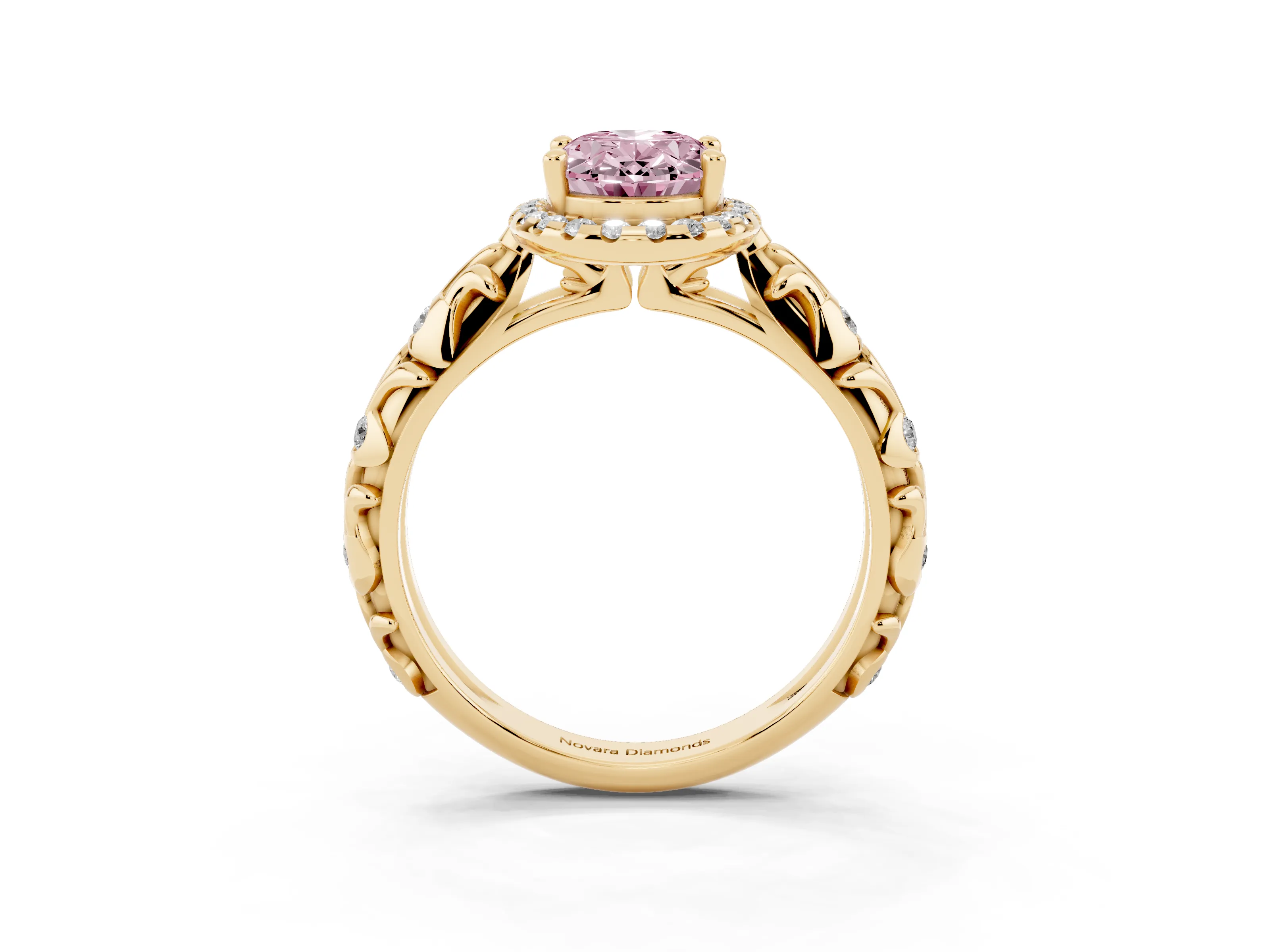 Fancy Pink Oval Cut Diamond Halo Ring Set in Yellow gold with Filigree Leaf Band and Prong Setting