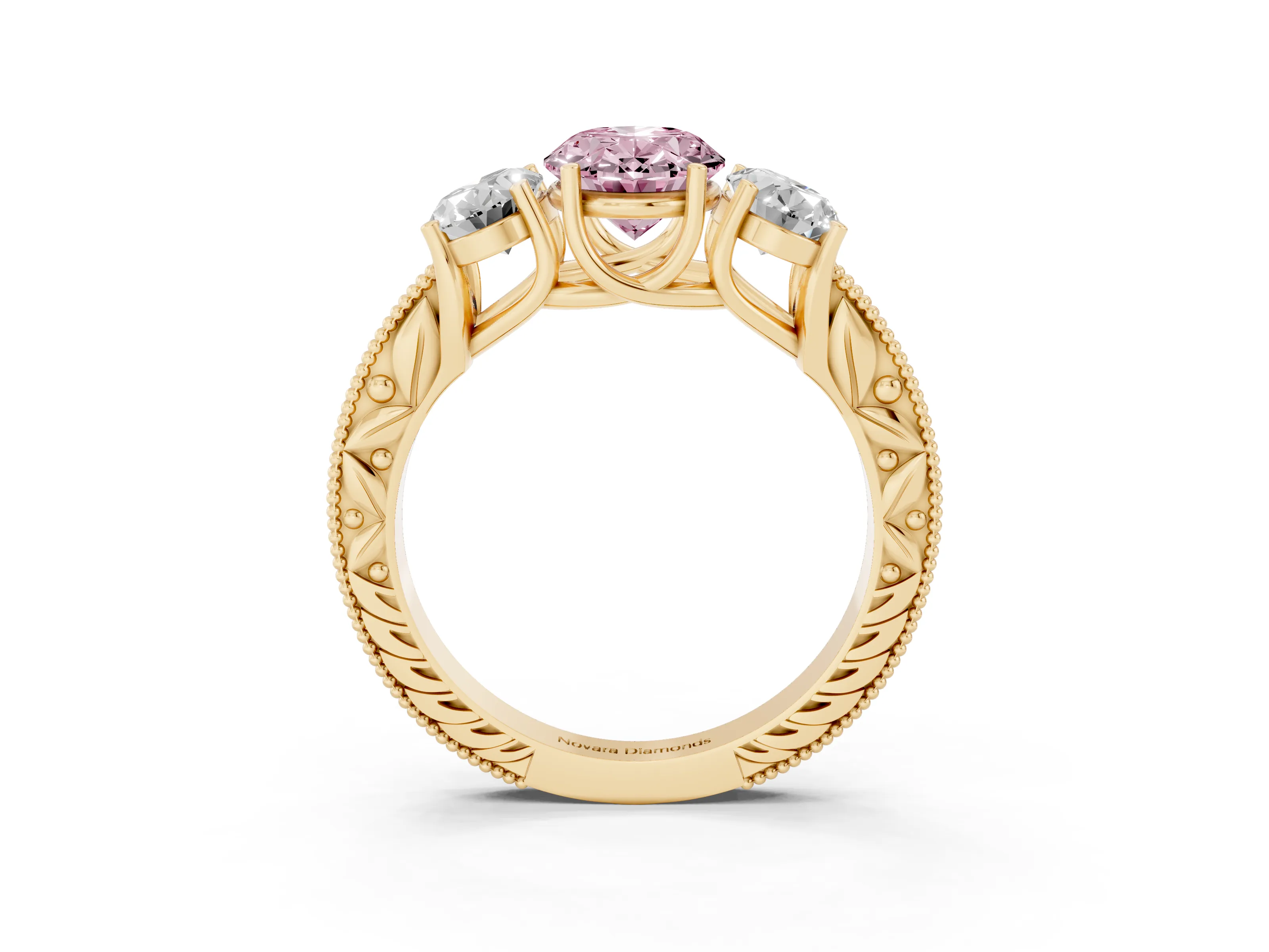 Fancy Pink Oval Cut Diamond Three-Stone Engagement Ring Set in Yellow gold with Milgrain Pavé Band