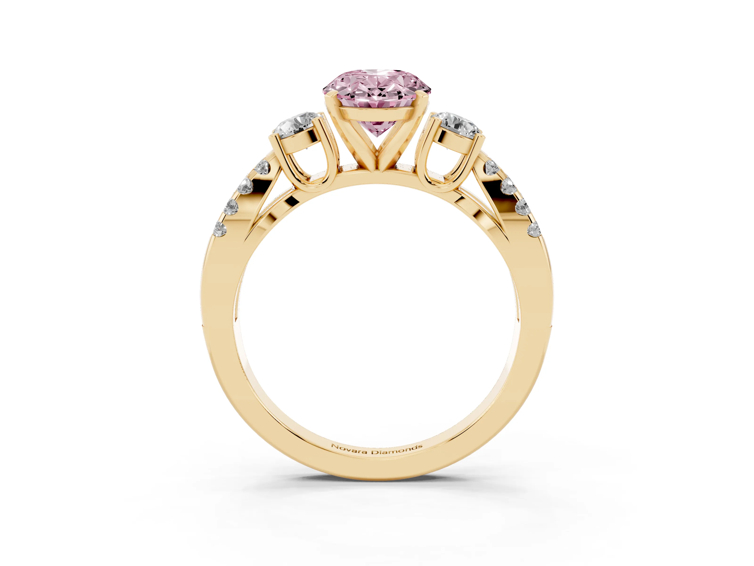 Fancy Pink Oval Cut Diamond Three-Stone Ring Set in Yellow gold with Pavé Split Shank and Prong Setting