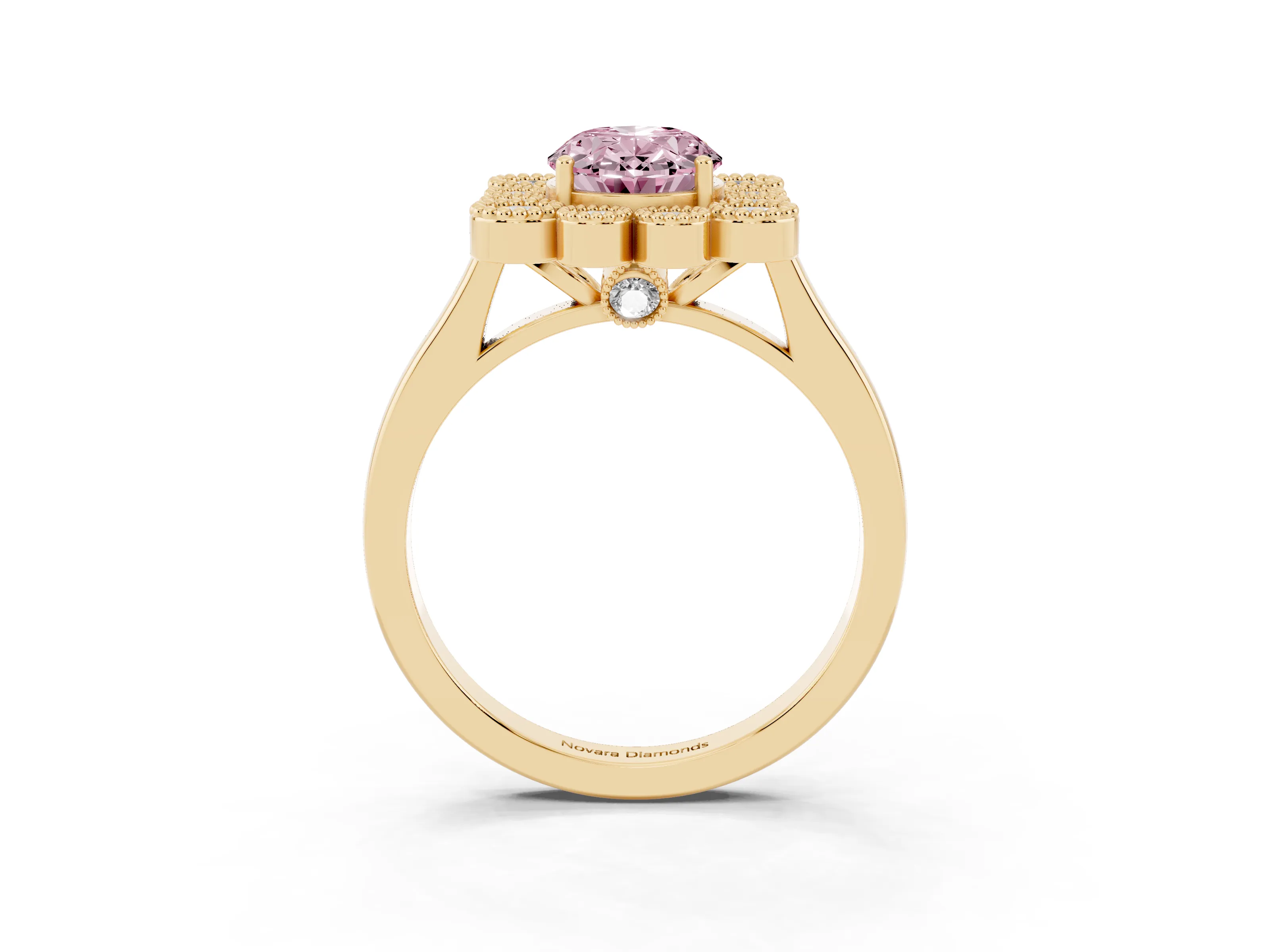 Fancy Pink Oval Cut Diamond Cluster Halo Ring Set in Yellow gold with Milgrain Bezel Accents and Plain Band