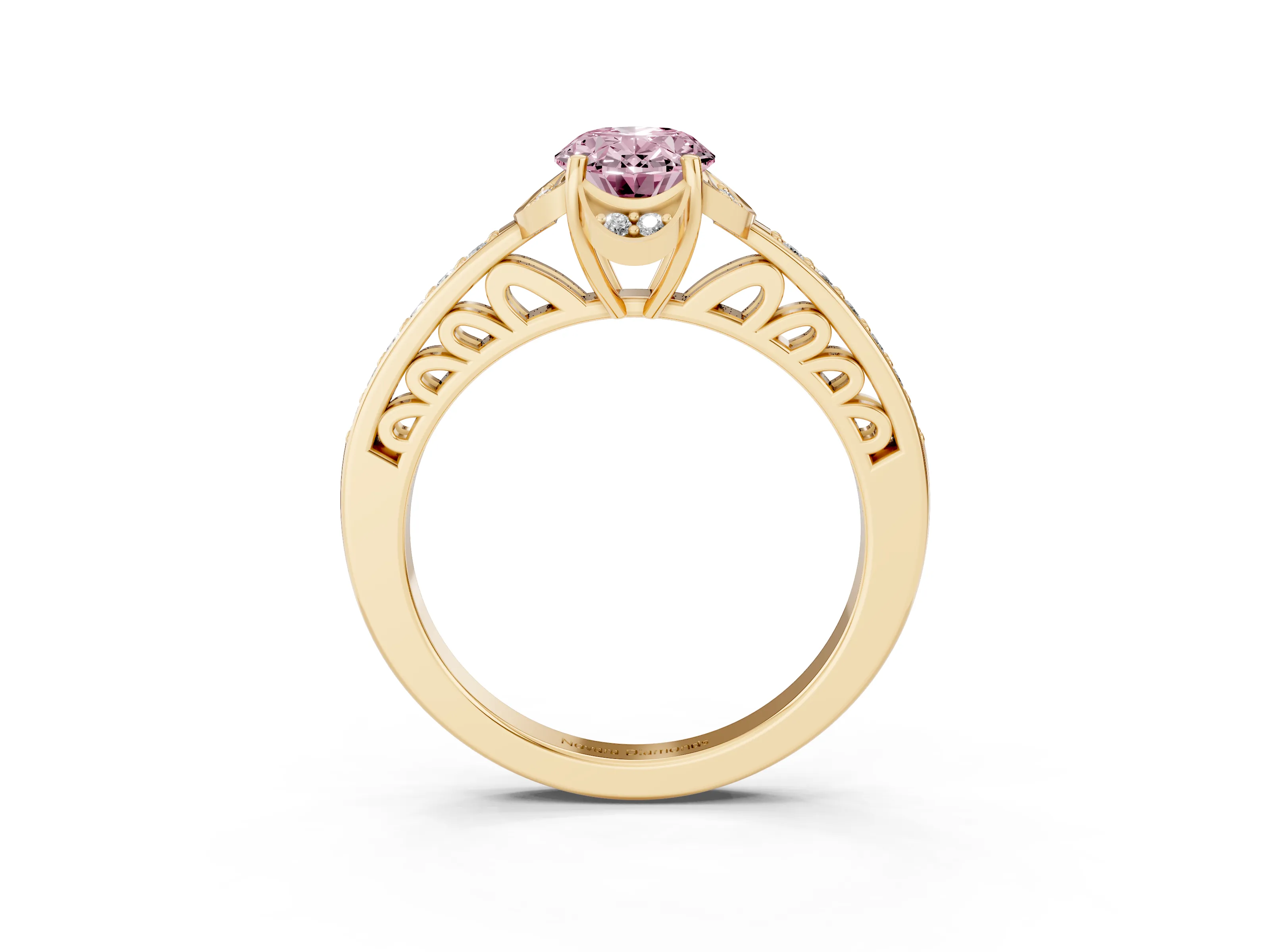Fancy Pink Oval Cut Diamond Halo Ring Set in Yellow gold with Channel Set Band and Prong Setting