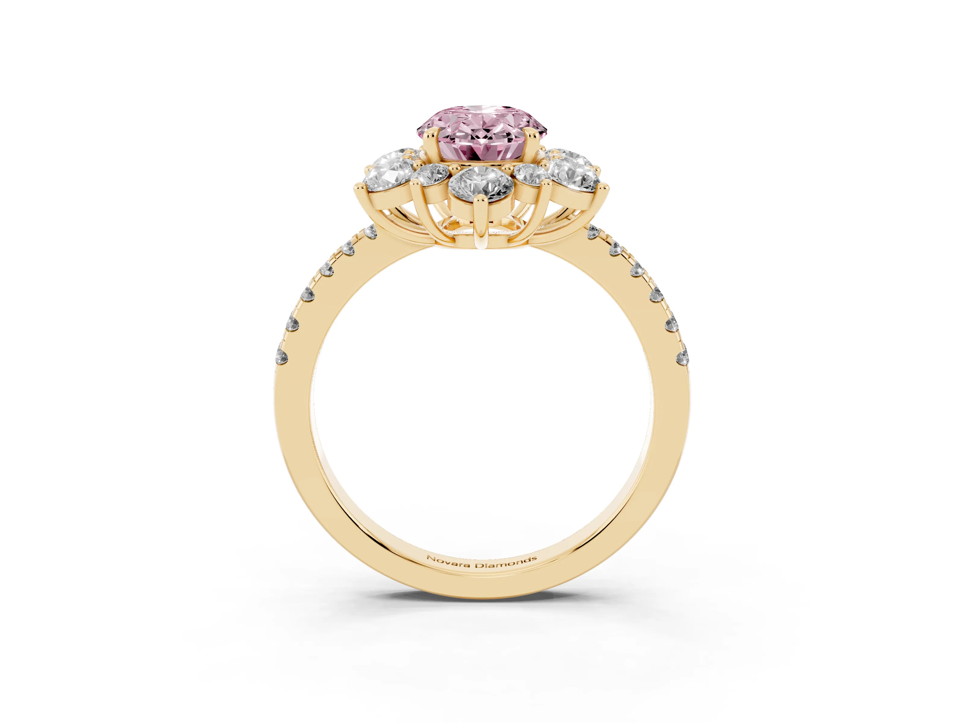 Fancy Pink Oval Cut Diamond Floral Halo Ring Set in Yellow gold with Round Pavé Band and Prong Setting