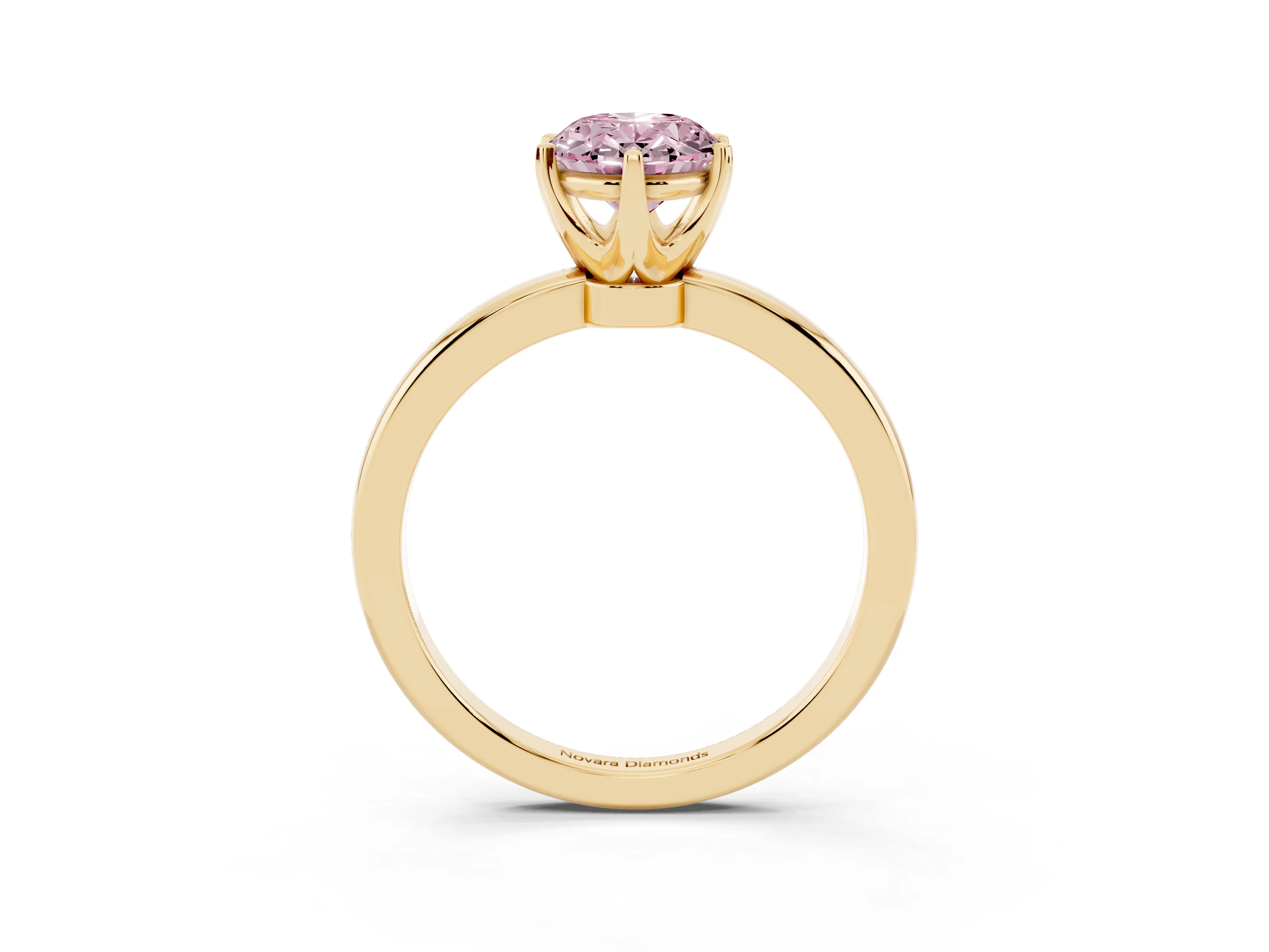 Fancy Pink Oval Cut Diamond Solitaire Ring Set in Yellow gold with Raised Prong Setting on a Classic Band
