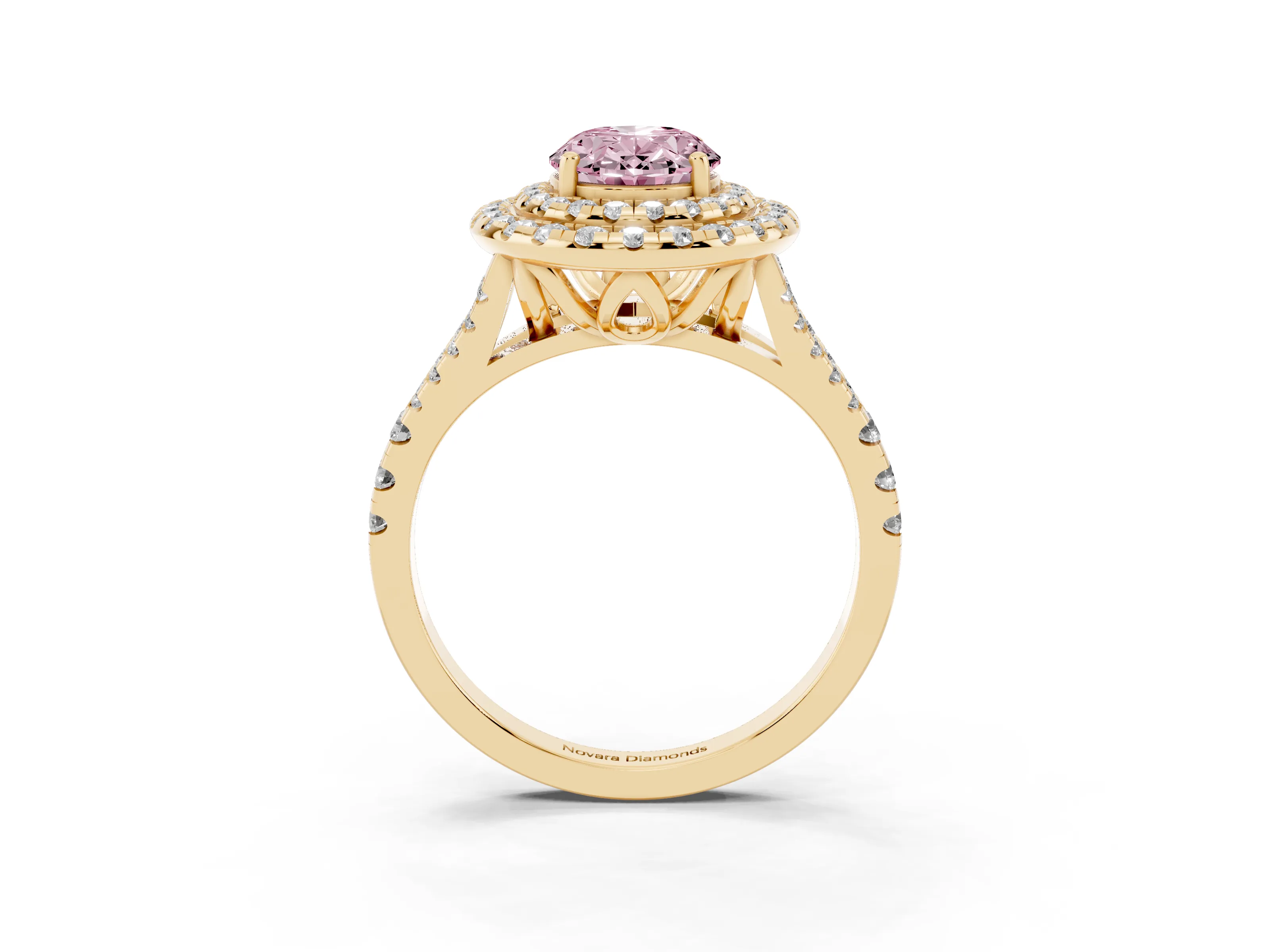 Fancy Pink Oval Cut Diamond Double Halo Ring Set in Yellow gold with Pavé Split Shank and Prong Setting