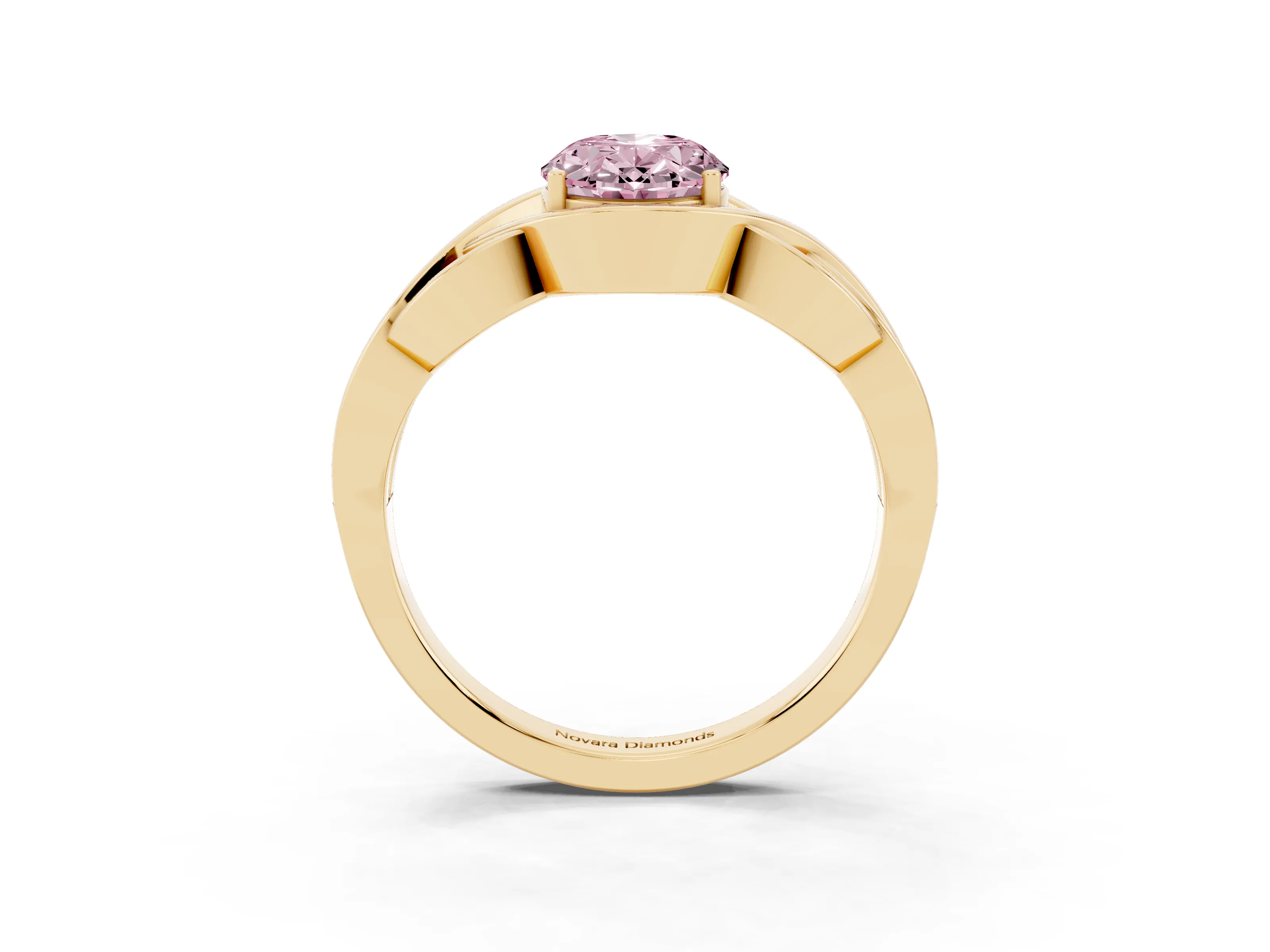 Fancy Pink Oval Cut Diamond Solitaire Ring Set in Yellow gold with Intertwined Band
